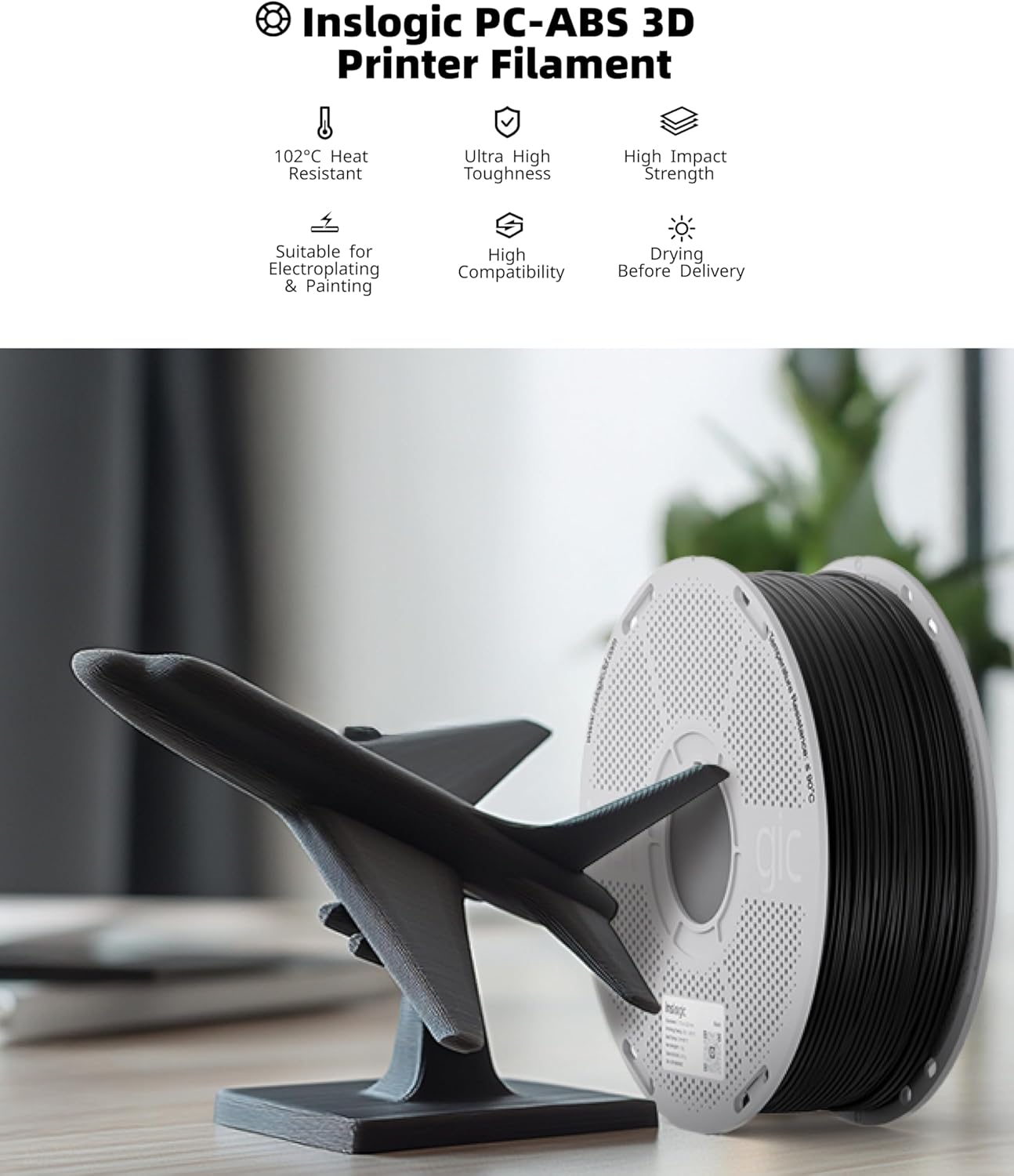 Inslogic Pre-Asciugato PC-ABS Filamento 1.75mm 1kg, Nero - immagine 2