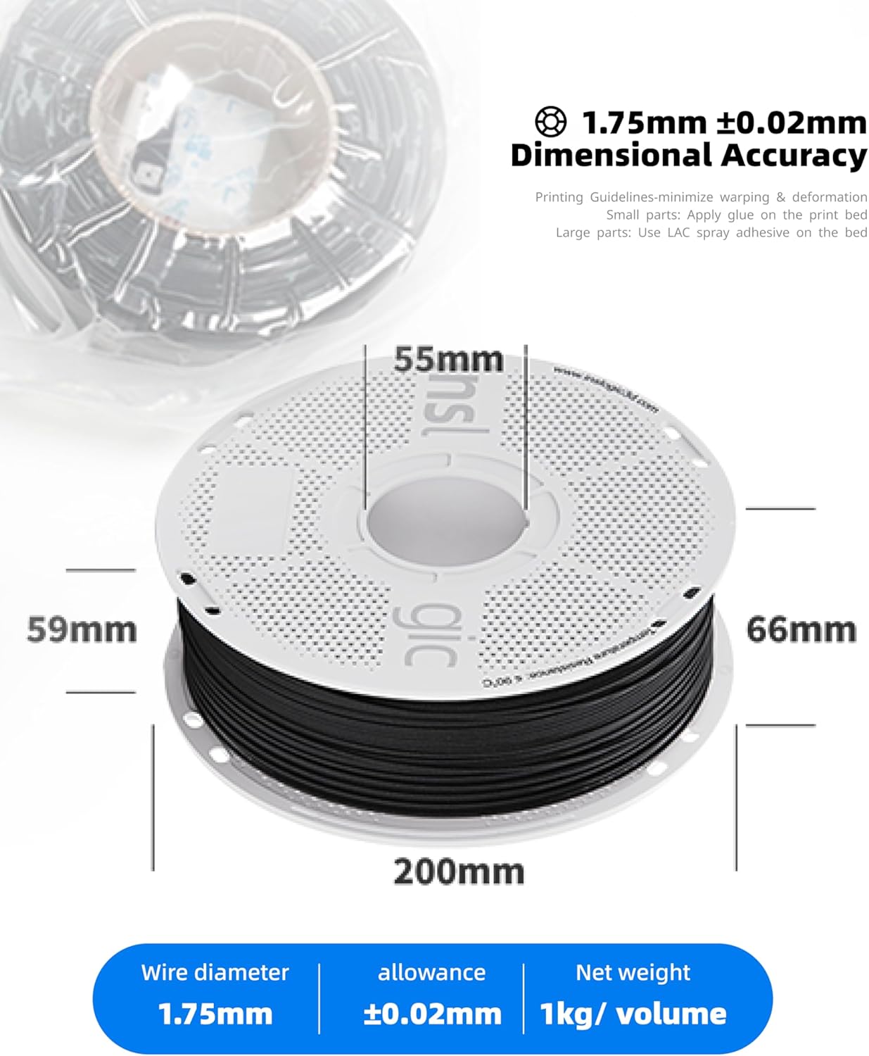 Inslogic Pre-Asciugato PC-ABS Filamento 1.75mm 1kg, Nero - immagine 7