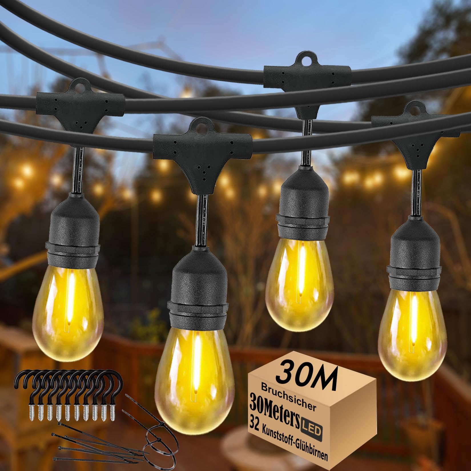 Catena luminosa a LED per esterni, 30 m, S14 E27, impermeabile, IP65, con 30 + 2 lampadine LED 2700 K, luce bianca calda, per giardino, terrazza, matrimoni [classe energetica G]