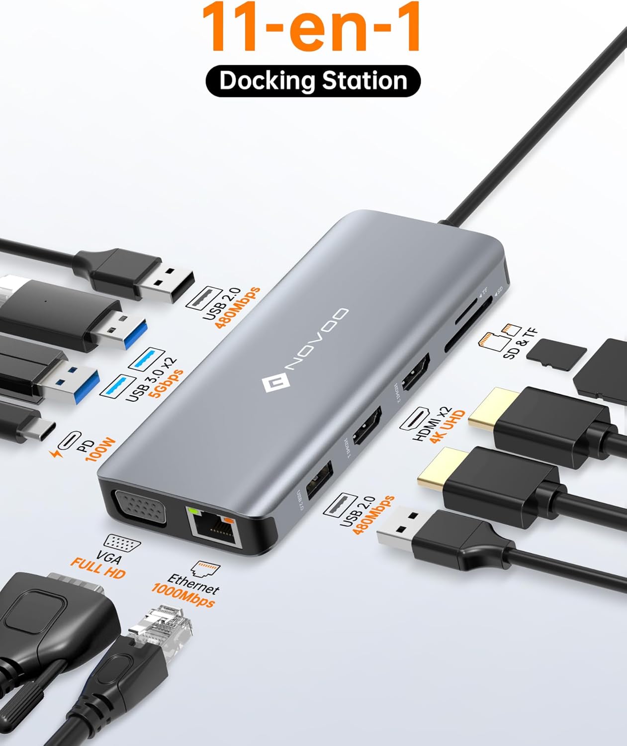 Novoo Docking Station 11 in 1 USB-C Dual HDMI - immagine 2