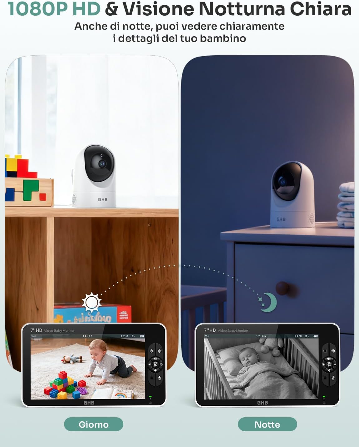 Ghb Baby Monitor Video e Audio Schermo 7'' 168h - immagine 2