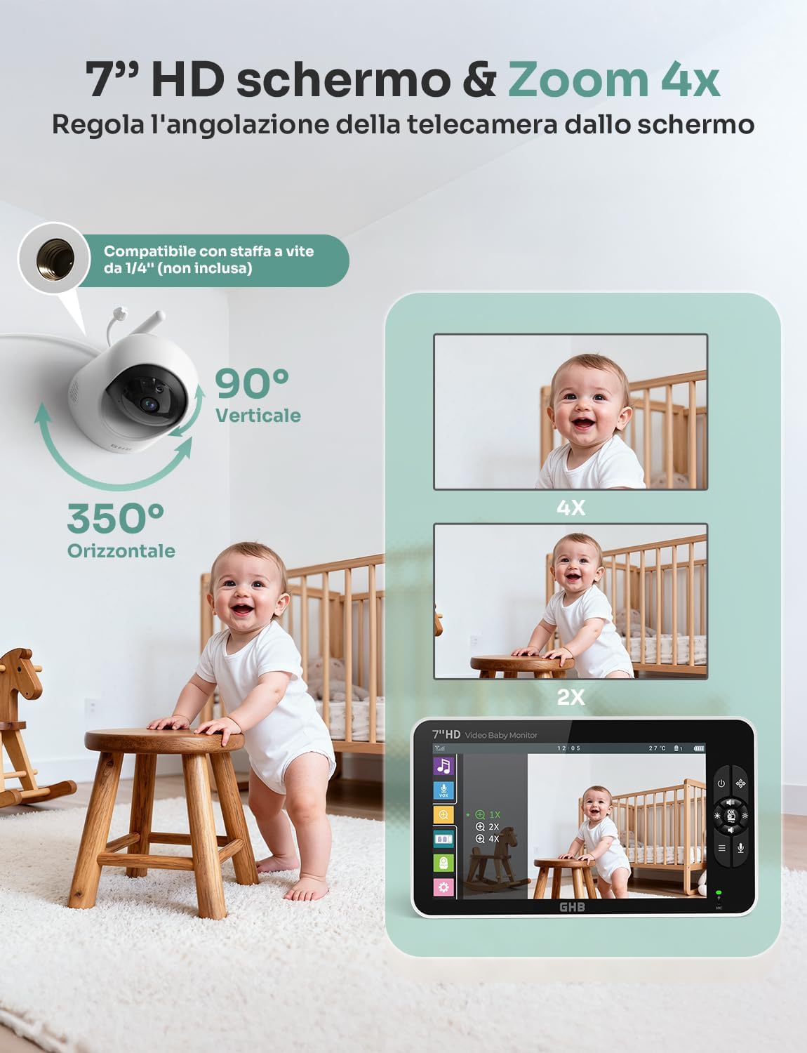Ghb Baby Monitor Video e Audio Schermo 7'' 168h - immagine 4