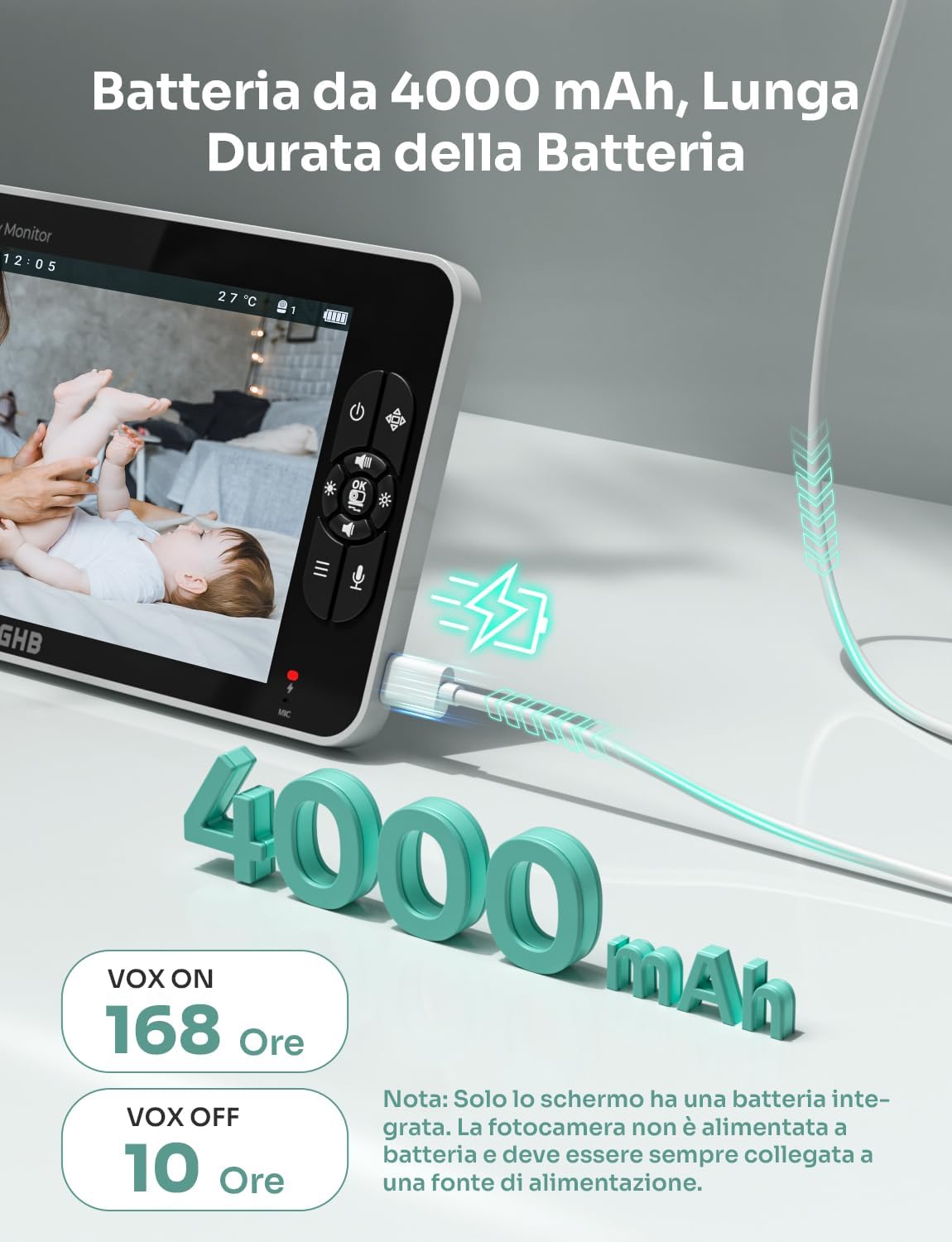 Ghb Baby Monitor Video e Audio Schermo 7'' 168h - immagine 5