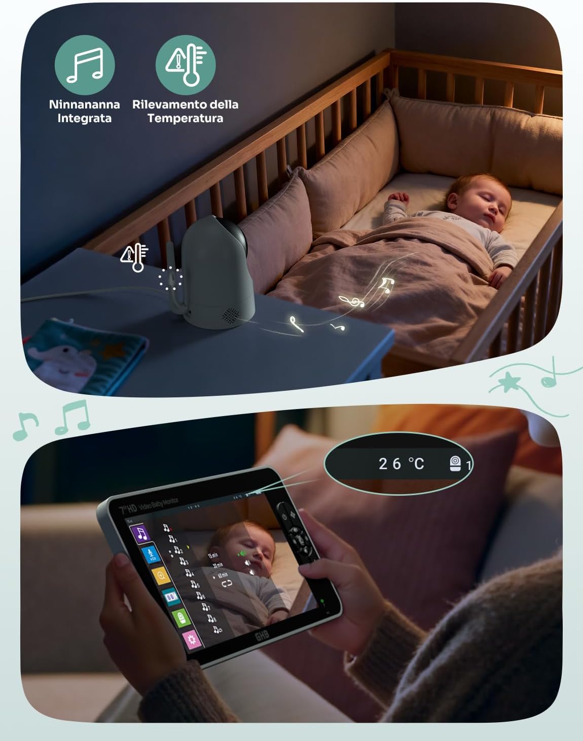 Ghb Baby Monitor Video e Audio Schermo 7'' 168h - immagine 7
