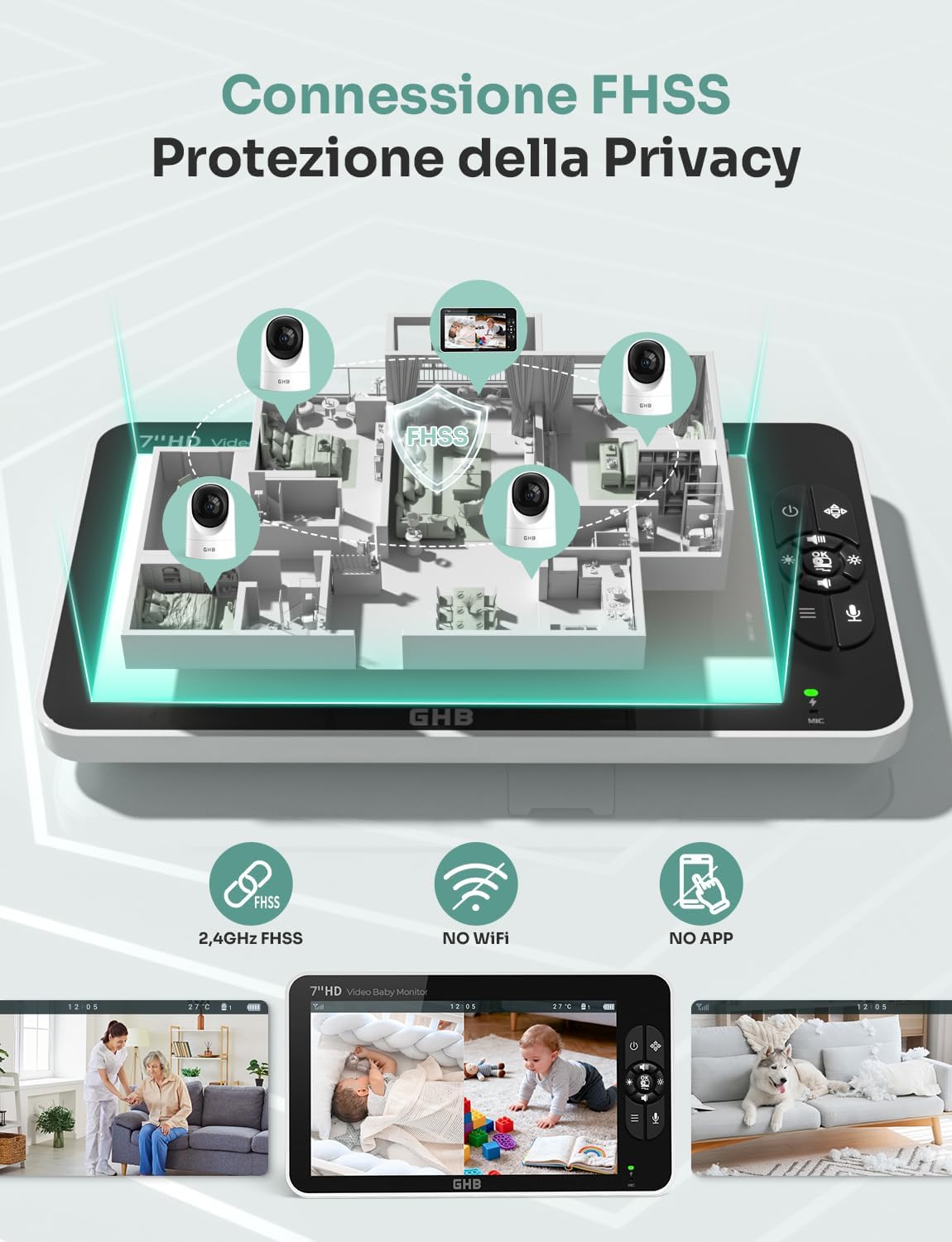 Ghb Baby Monitor Video e Audio Schermo 7'' 168h - immagine 9