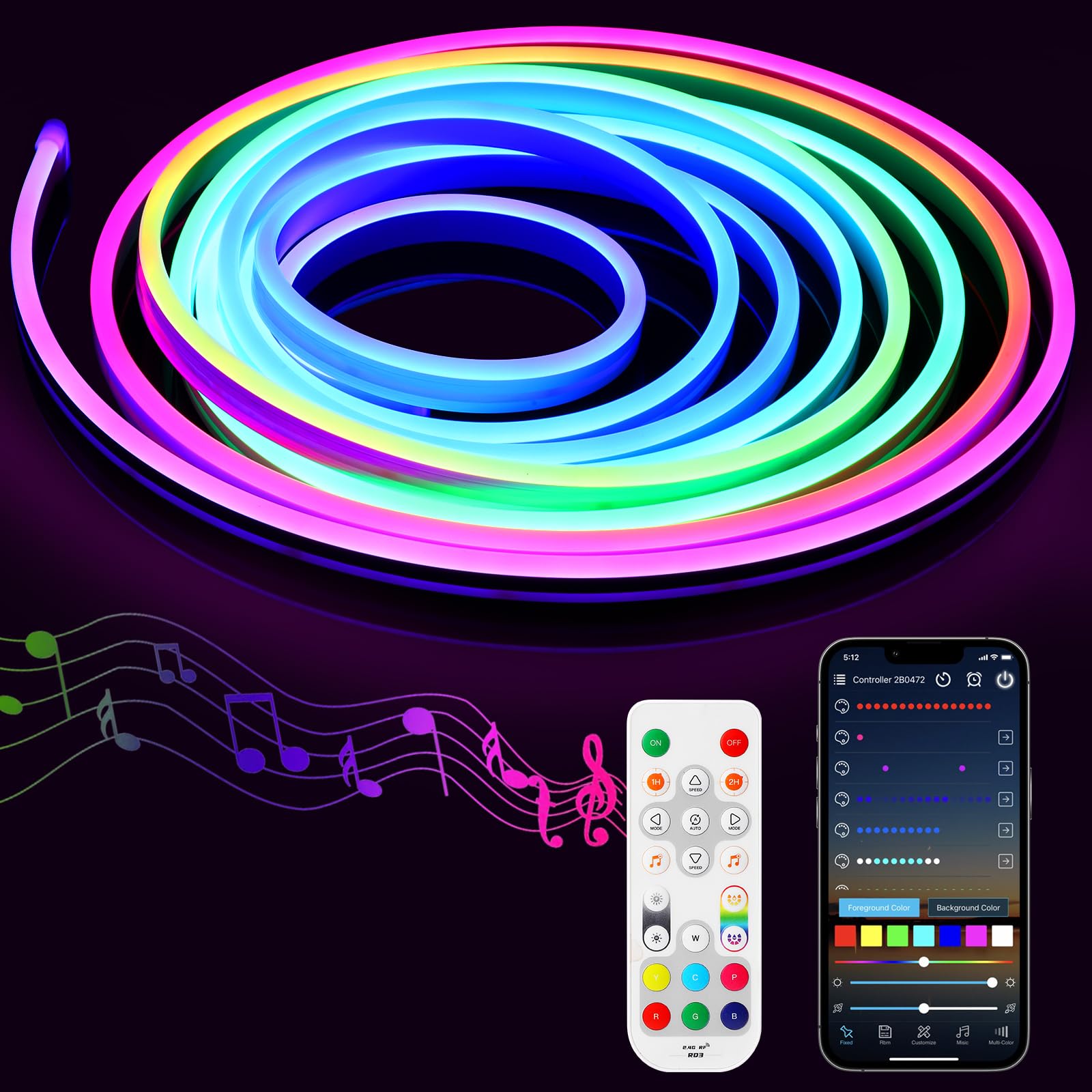 Striscia LED Neon RGB+IC 5 metri con App