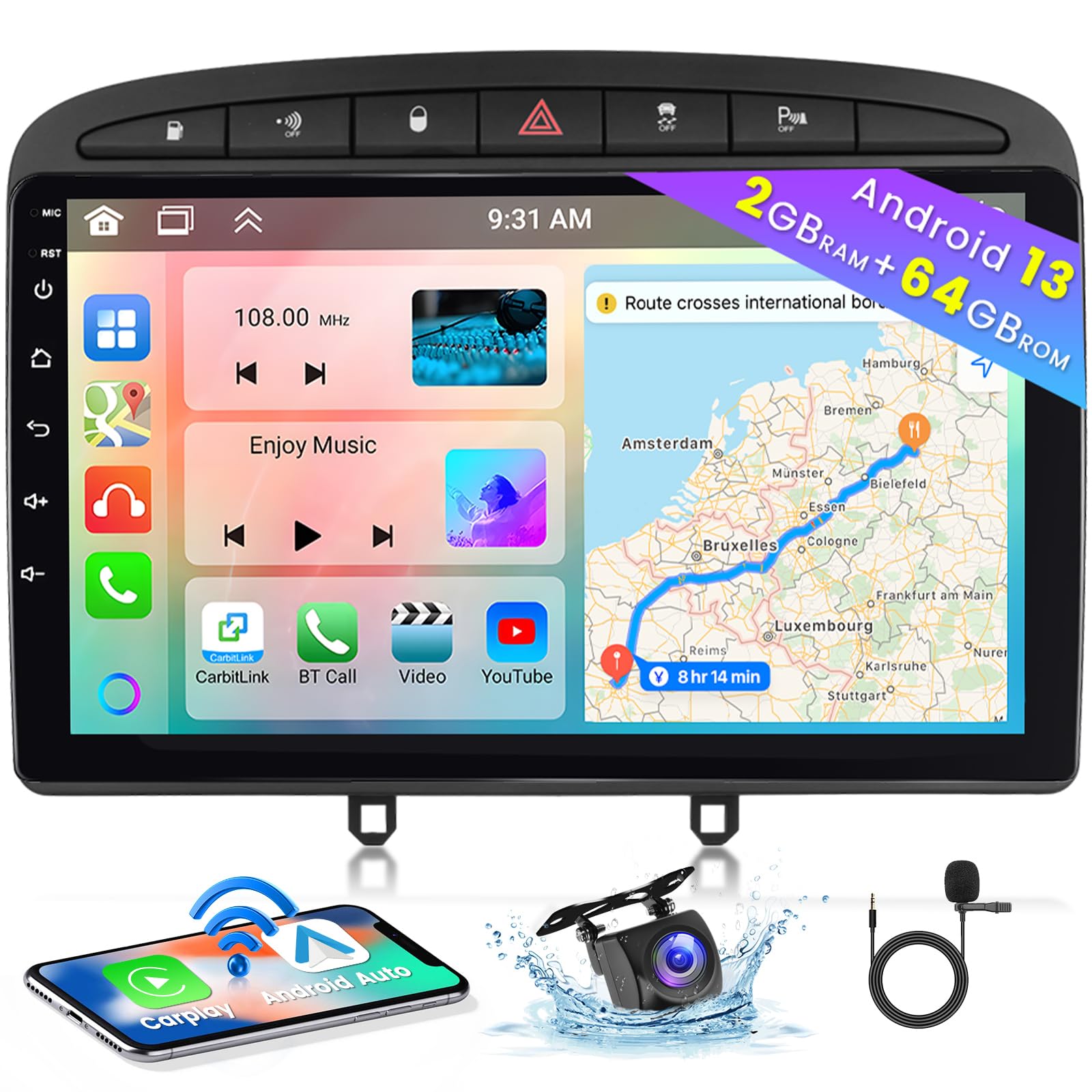 Hikity Android 13 Autoradio 9" per Peugeot 308/408