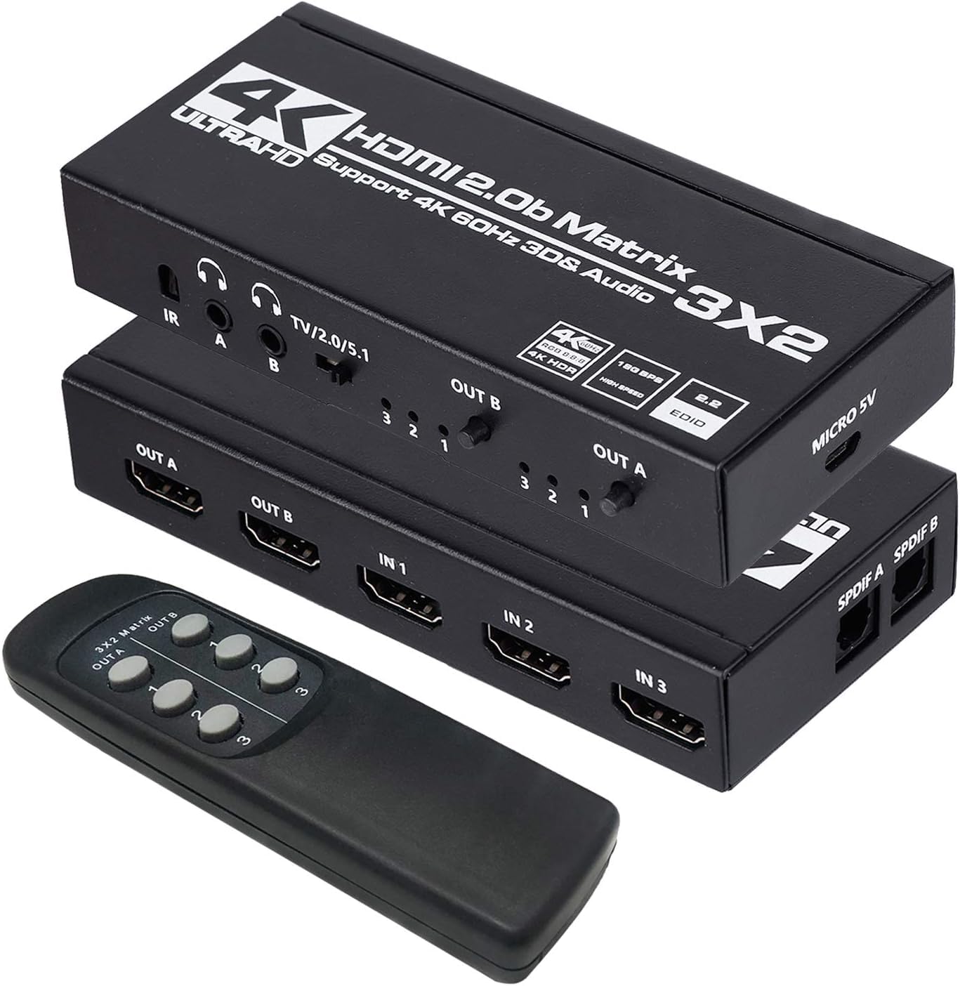 HDMI Matrix 3x2 4K 60Hz Switcher Splitter Box