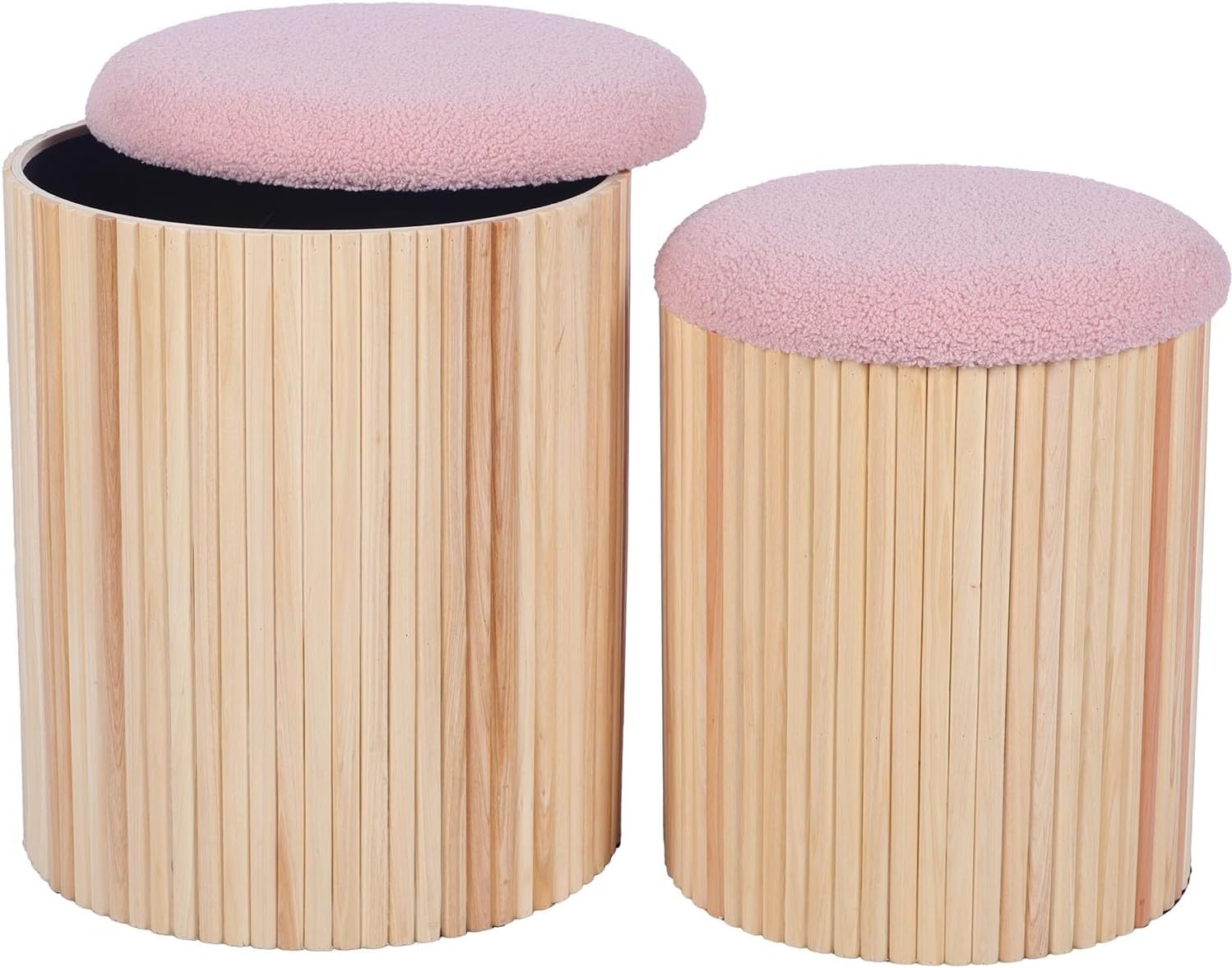 Drw Set 2 Pouf in Legno Naturale con Coperchio Rosa