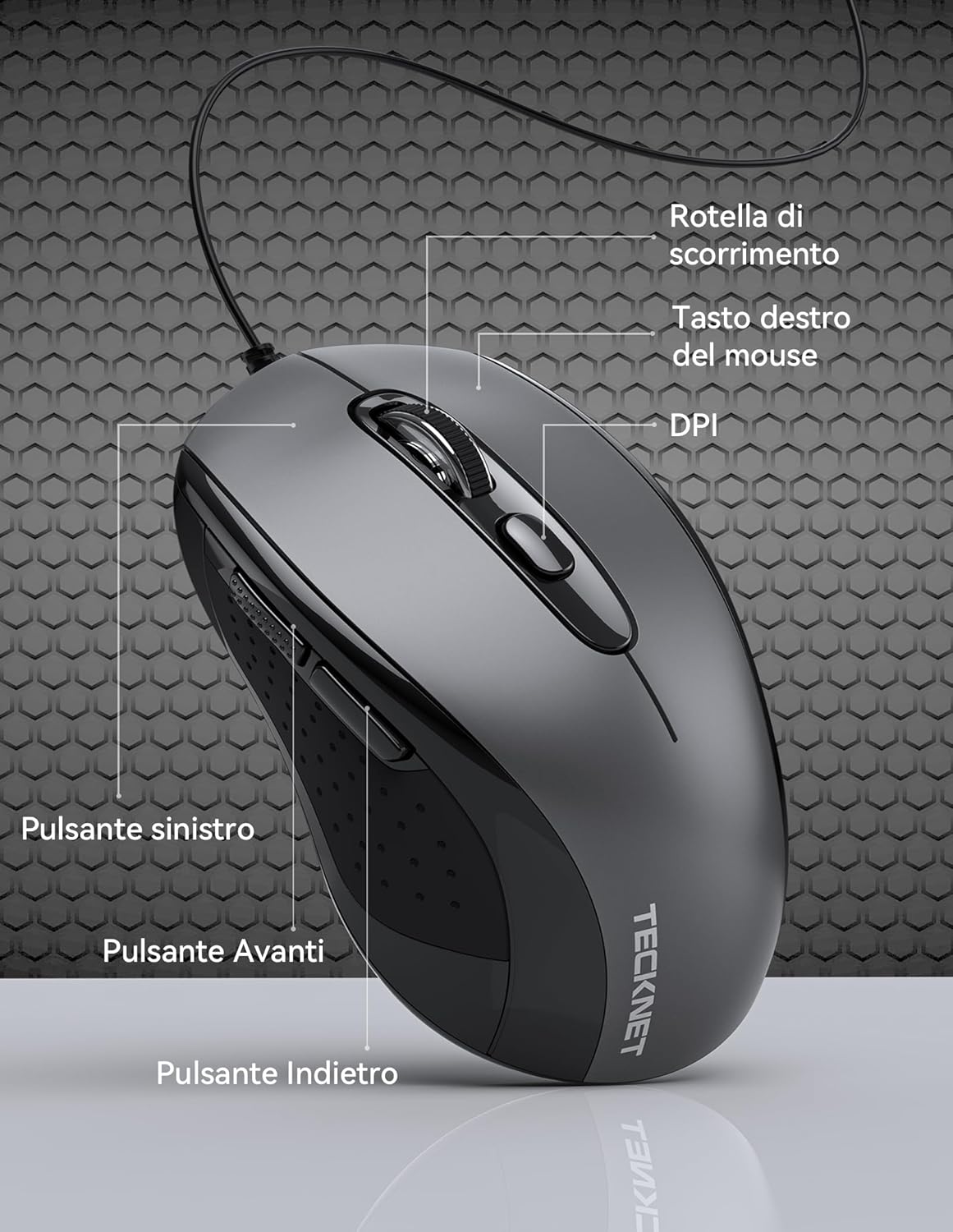 Tecknet Mouse con Filo Ottico USB 6400 DPI - immagine 4