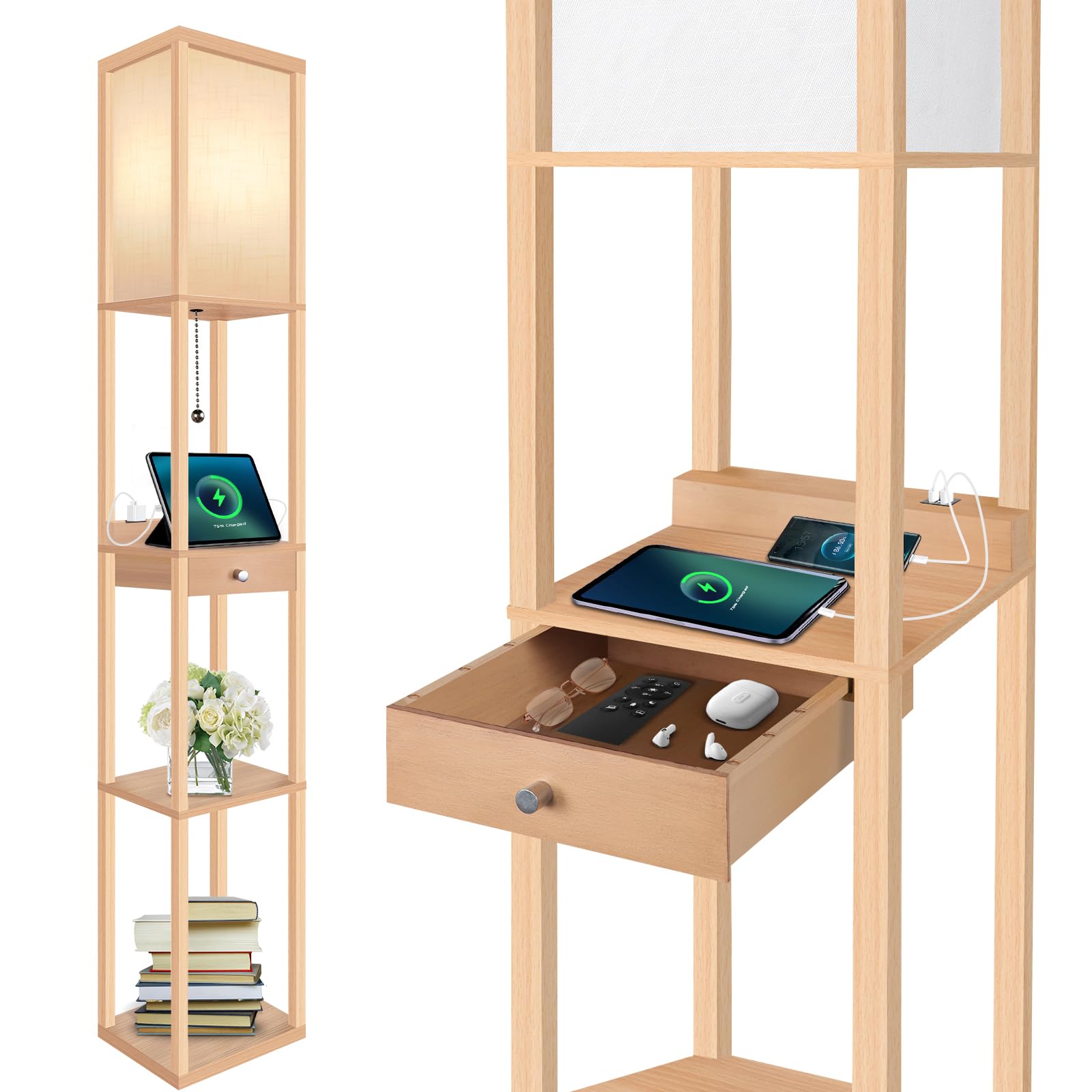 OUTON Lampada da Terra LED con Cassetto, Legno