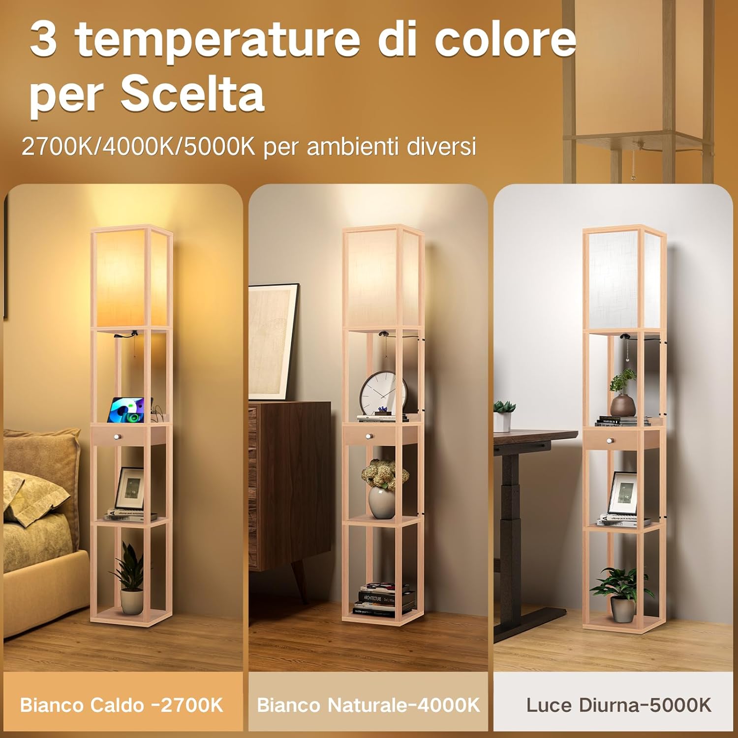 OUTON Lampada da Terra LED con Cassetto, Legno - immagine 2