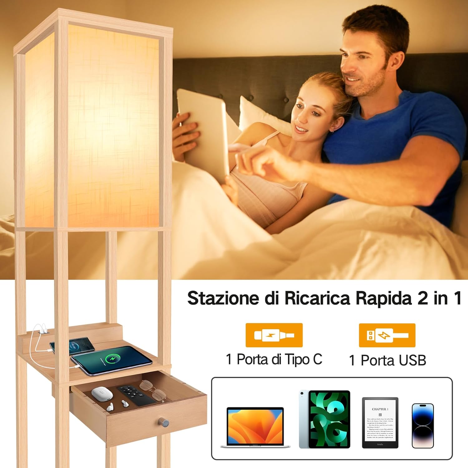 OUTON Lampada da Terra LED con Cassetto, Legno - immagine 3