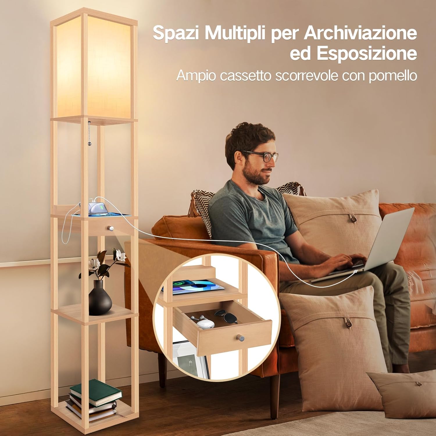 OUTON Lampada da Terra LED con Cassetto, Legno - immagine 4