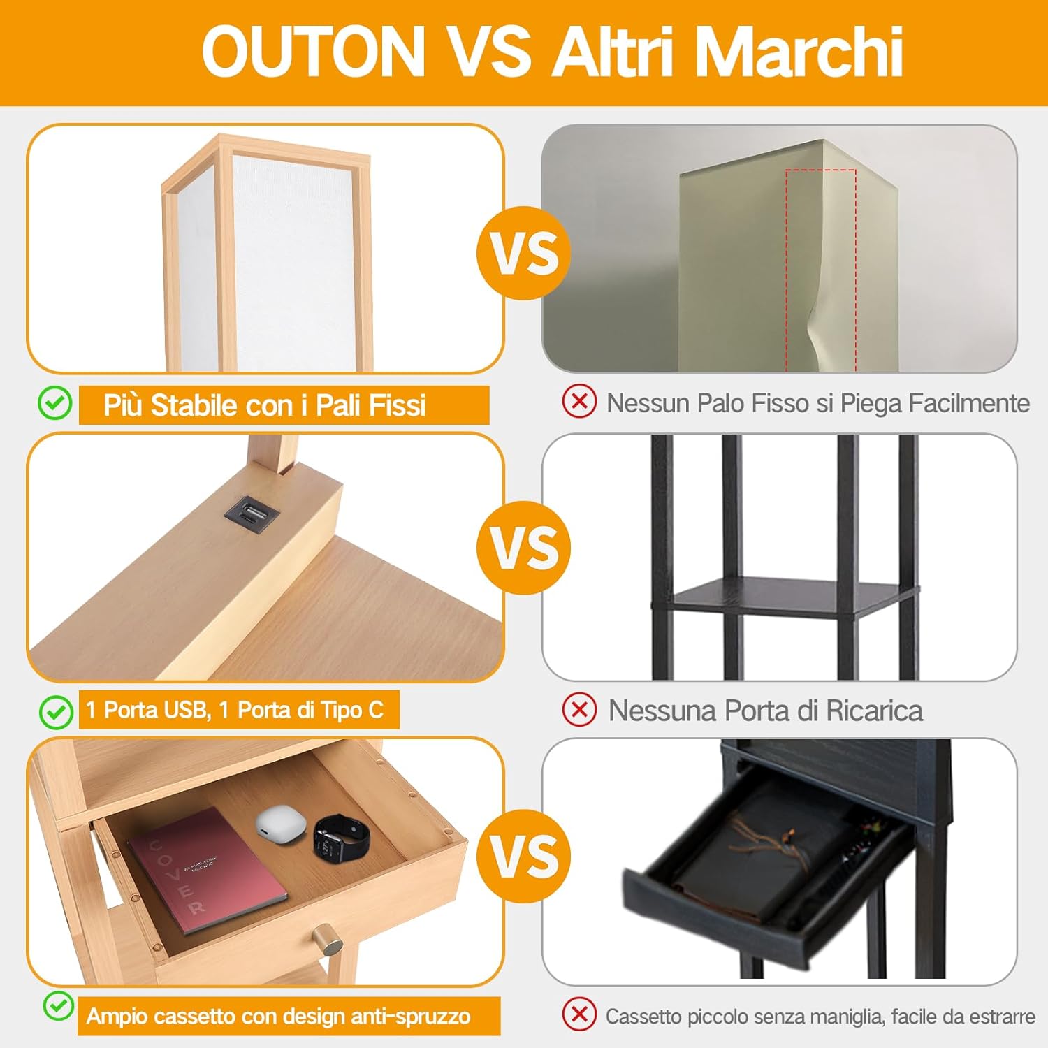 OUTON Lampada da Terra LED con Cassetto, Legno - immagine 5