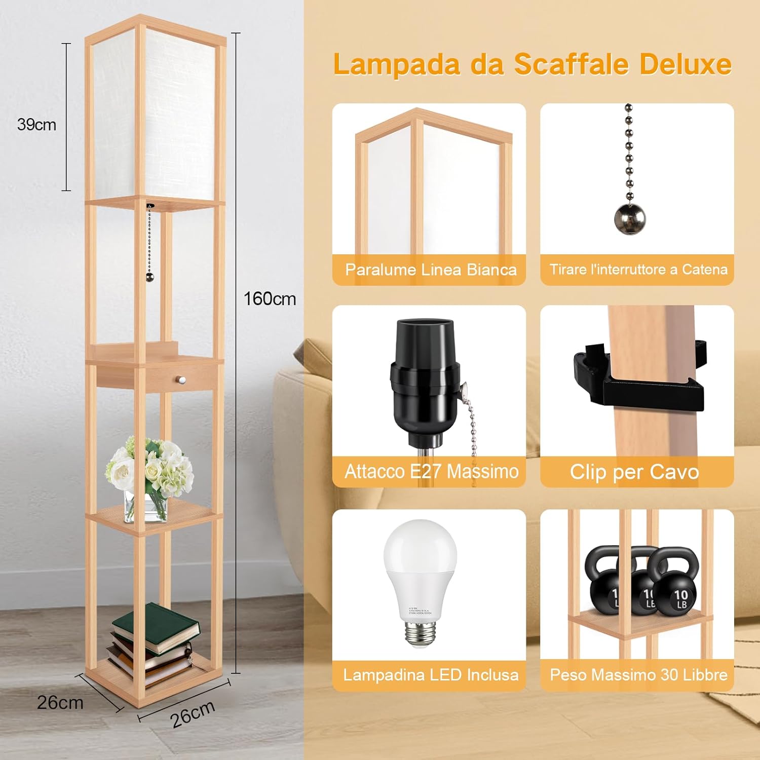 OUTON Lampada da Terra LED con Cassetto, Legno - immagine 6