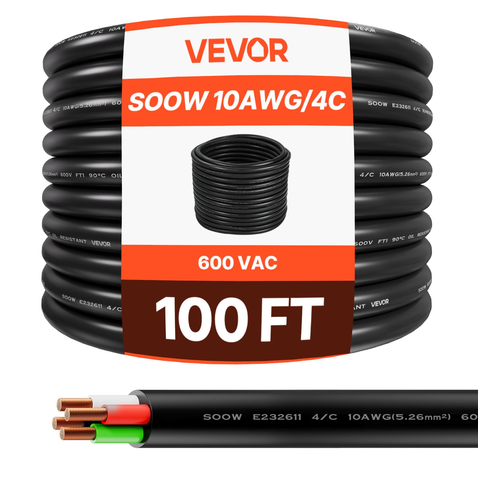 Vevor Cavo di Alimentazione Portatile 30.48m 10AWG