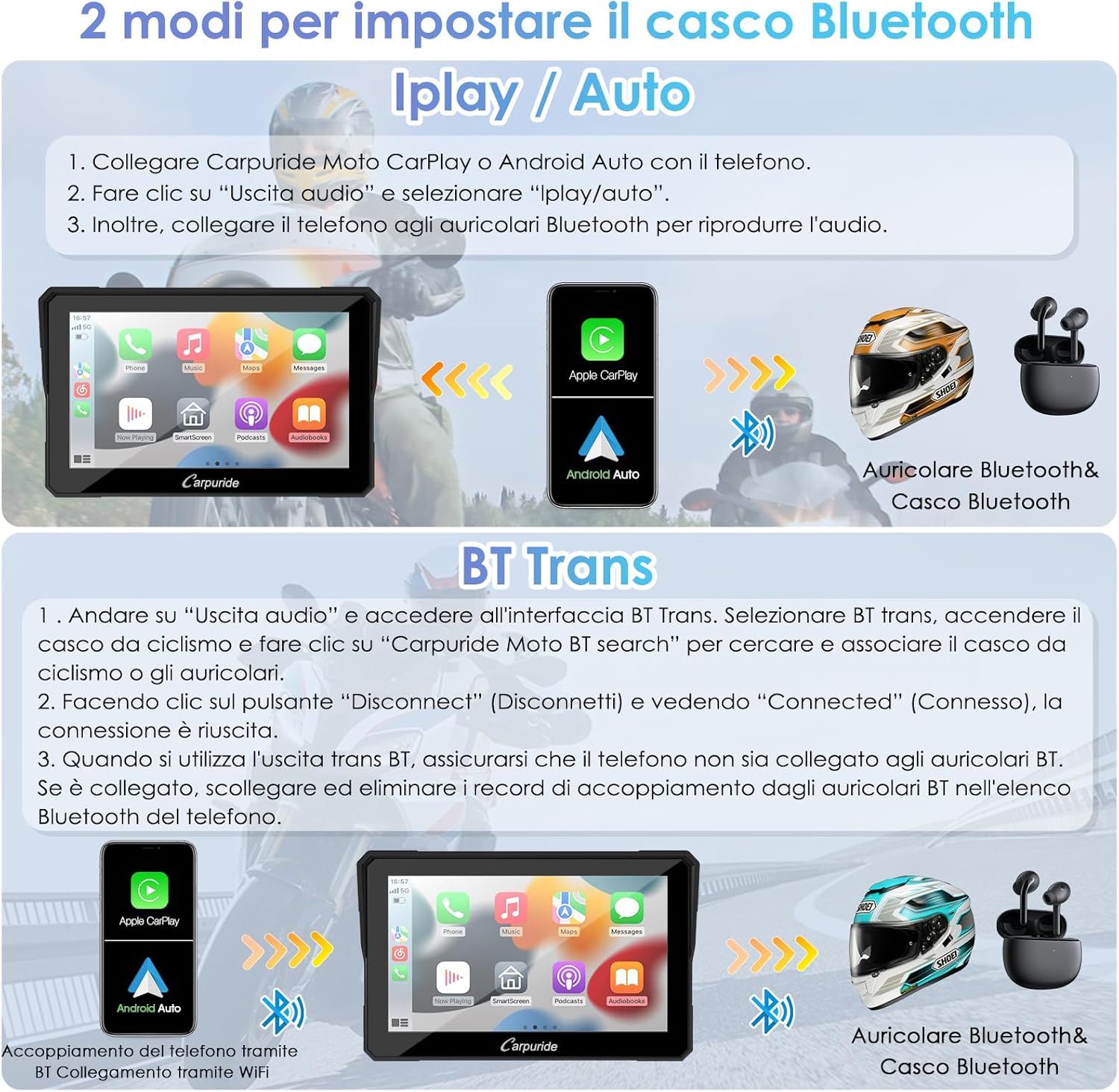 Carpuride W702 Schermo CarPlay per Moto, Wireless CarPlay & Android Auto, 7" Schermo Touchscreen Impermeabile GPS, Supporto Doppio Bluetooth, Navigazione, Siri. - immagine 3