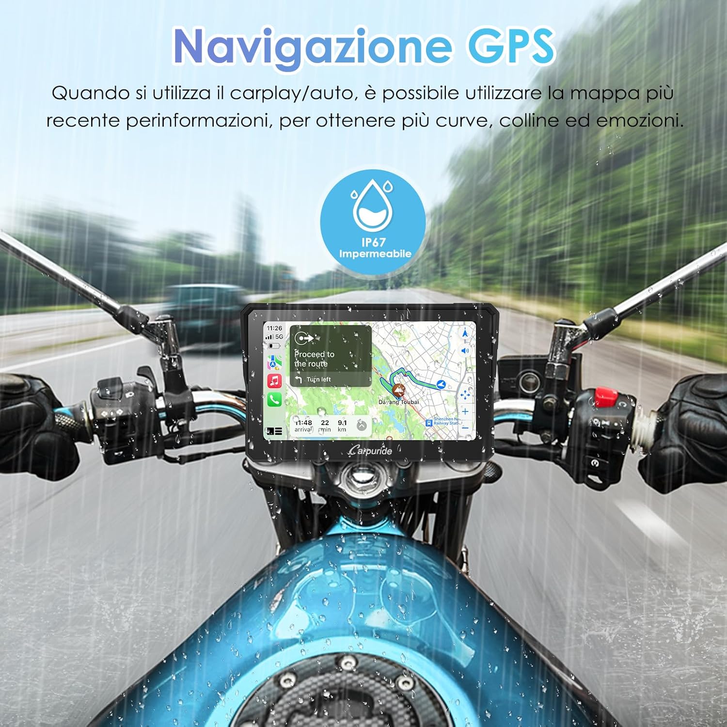Carpuride W702 Schermo CarPlay per Moto, Wireless CarPlay & Android Auto, 7" Schermo Touchscreen Impermeabile GPS, Supporto Doppio Bluetooth, Navigazione, Siri. - immagine 4