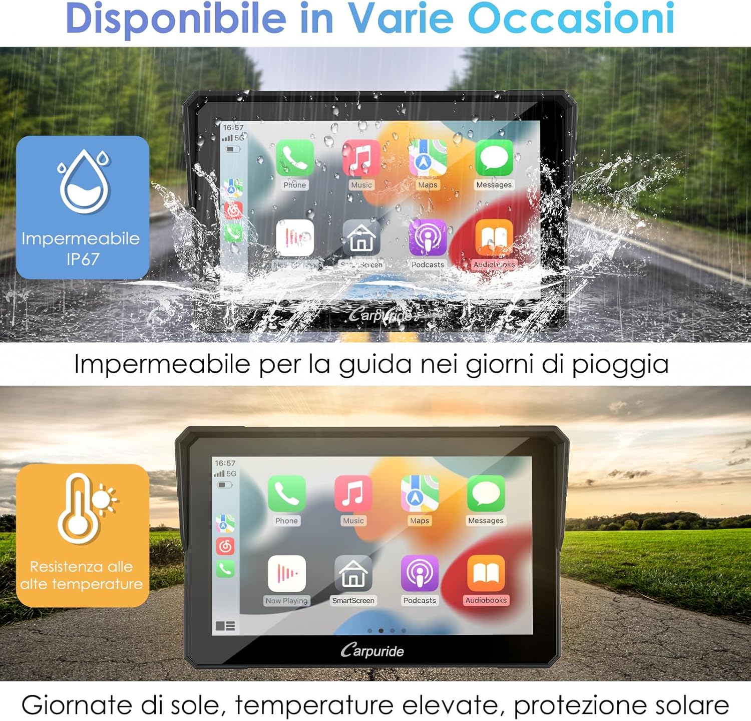 Carpuride W702 Schermo CarPlay per Moto, Wireless CarPlay & Android Auto, 7" Schermo Touchscreen Impermeabile GPS, Supporto Doppio Bluetooth, Navigazione, Siri. - immagine 5