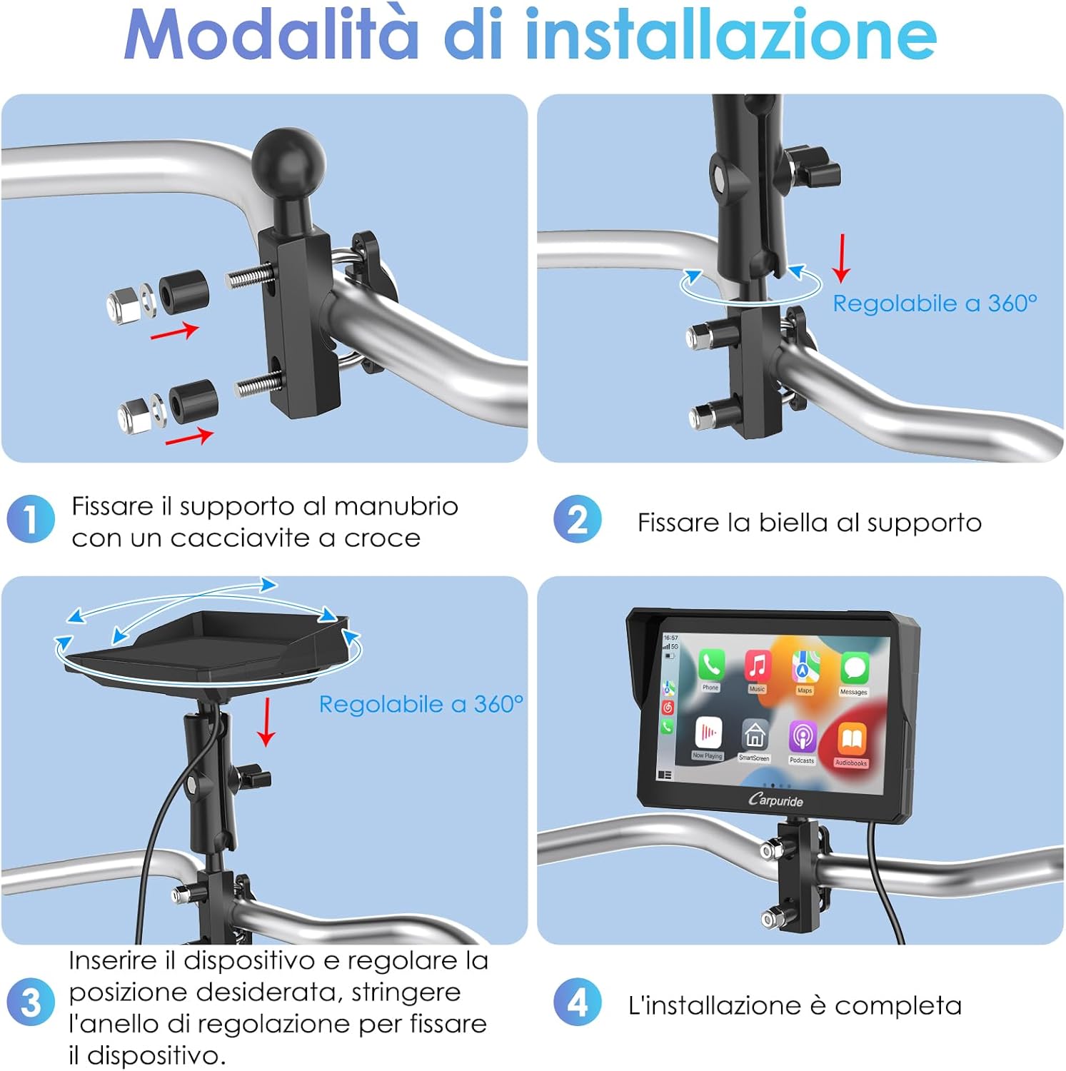Carpuride W702 Schermo CarPlay per Moto, Wireless CarPlay & Android Auto, 7" Schermo Touchscreen Impermeabile GPS, Supporto Doppio Bluetooth, Navigazione, Siri. - immagine 7