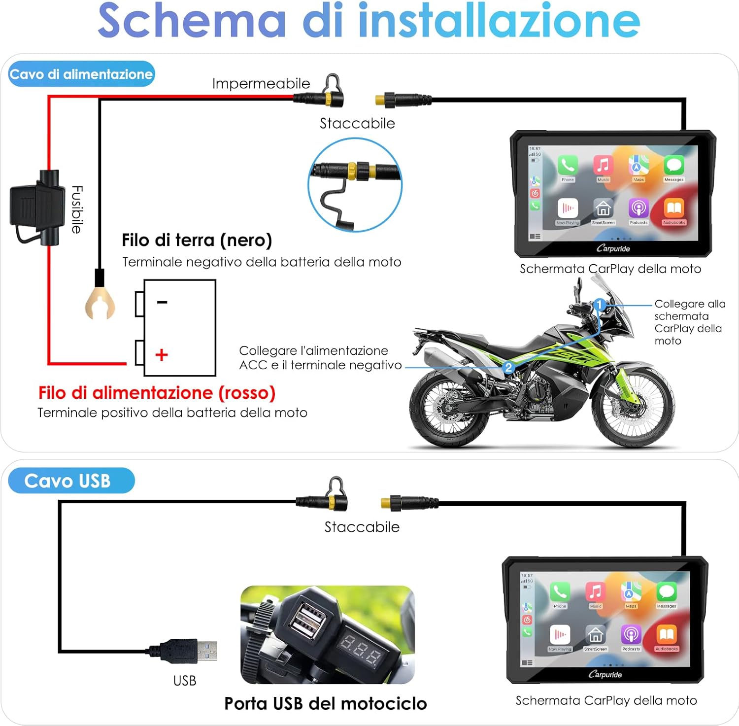 Carpuride W702 Schermo CarPlay per Moto, Wireless CarPlay & Android Auto, 7" Schermo Touchscreen Impermeabile GPS, Supporto Doppio Bluetooth, Navigazione, Siri. - immagine 8