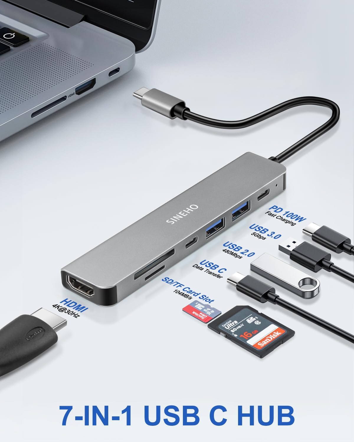Sineho Hub USB C 7-in-1 Multiporta con HDMI 4K - immagine 2