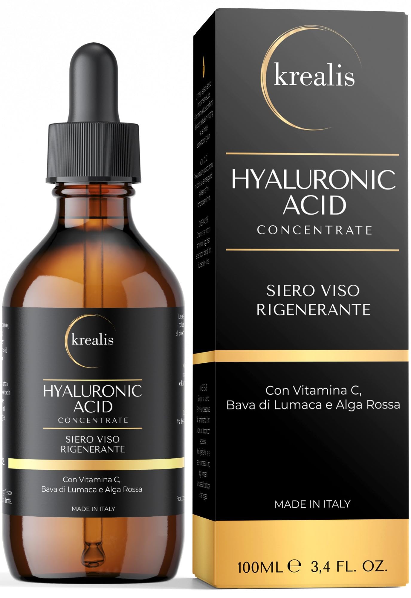 KREALIS •100ml• Siero Viso Acido Ialuronico PURO, Siero Vitamina C, Con Bava Di Lumaca E Alga Rossa, Siero Idratante Ideale Come Crema Contorno Occhi Antirughe E Occhiaie, Made In Italy