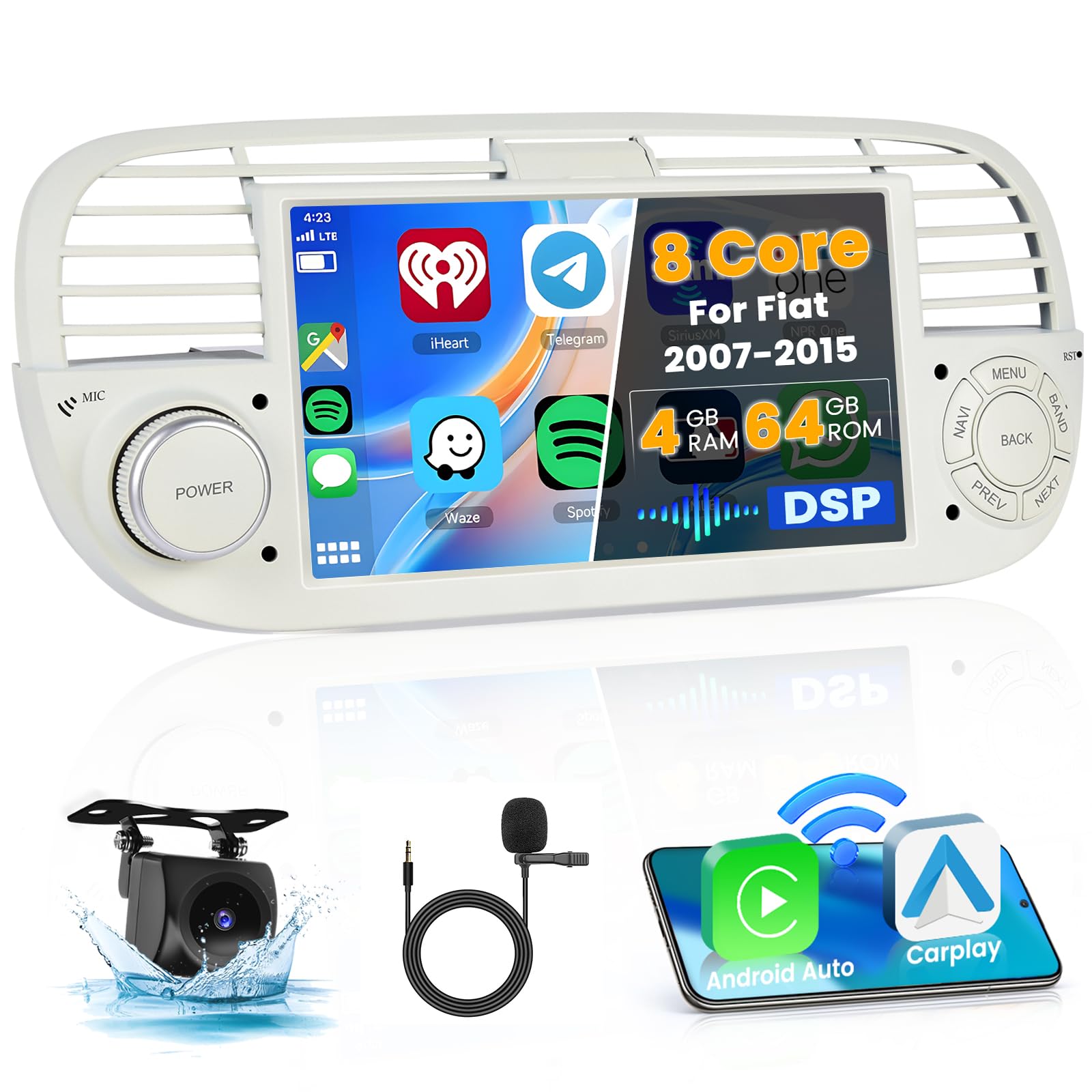 Ohradio Autoradio Android 7" per Fiat 500 (2007-2015), Bianco