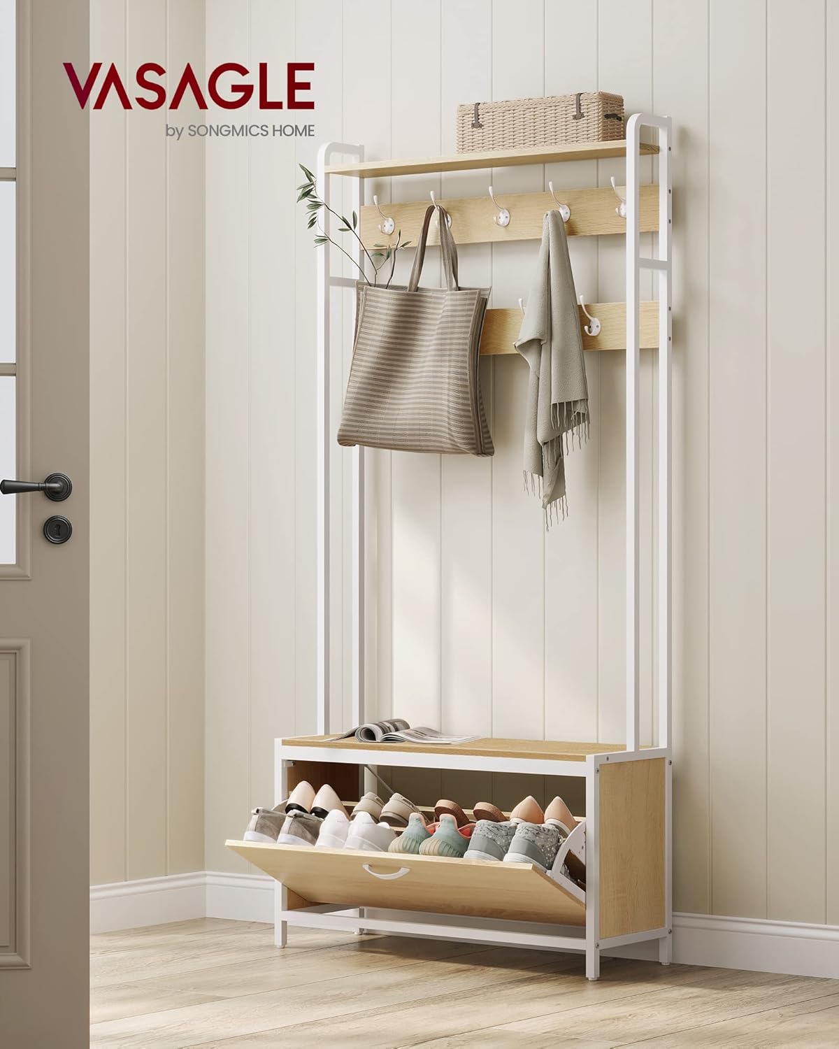 Vasagle Appendiabiti con Scarpiera a Ribalta, Rovere e Bianco - immagine 2