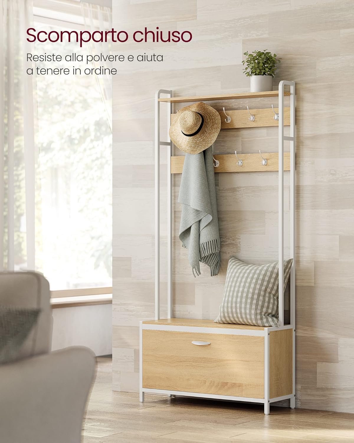 Vasagle Appendiabiti con Scarpiera a Ribalta, Rovere e Bianco - immagine 3