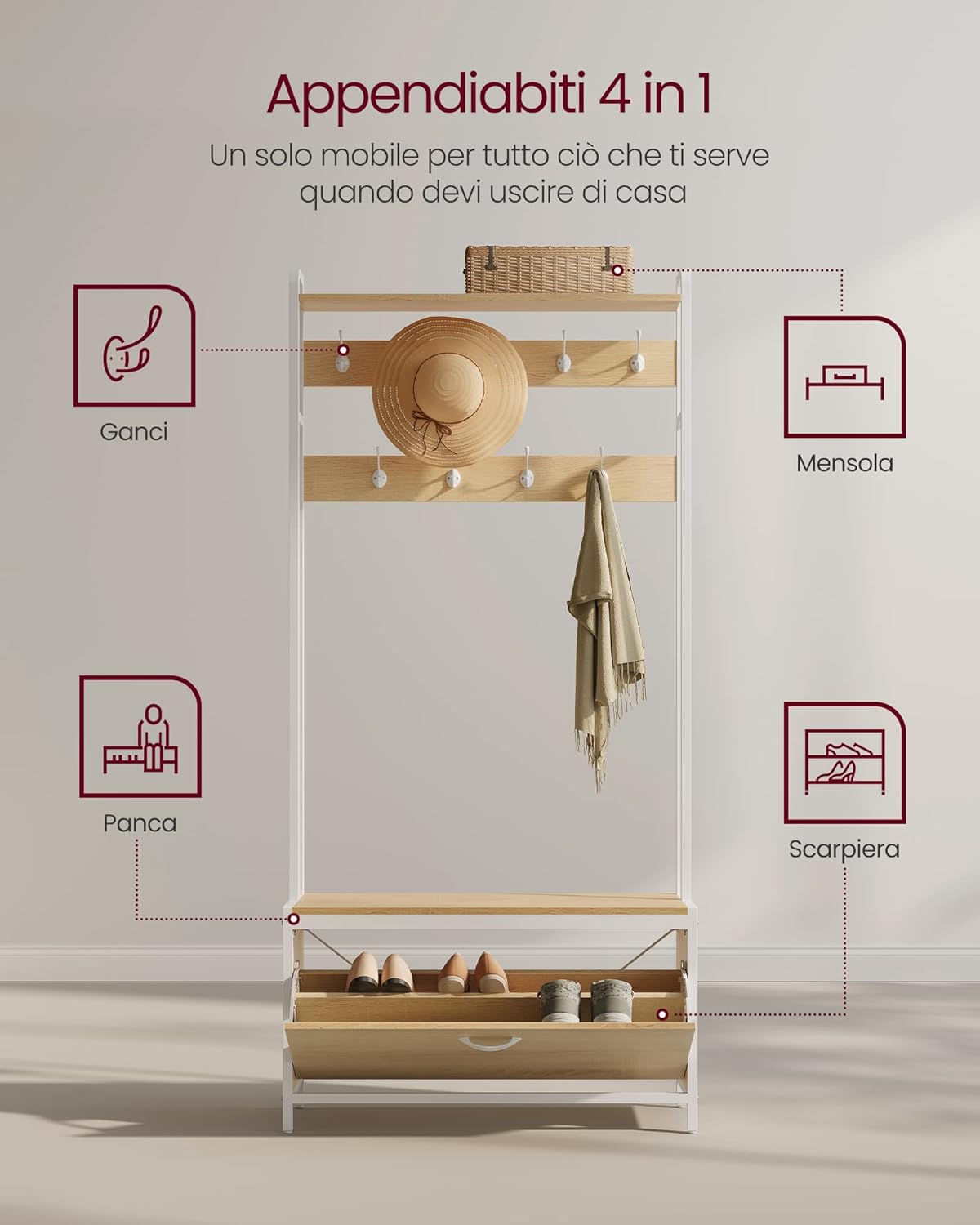 Vasagle Appendiabiti con Scarpiera a Ribalta, Rovere e Bianco - immagine 4