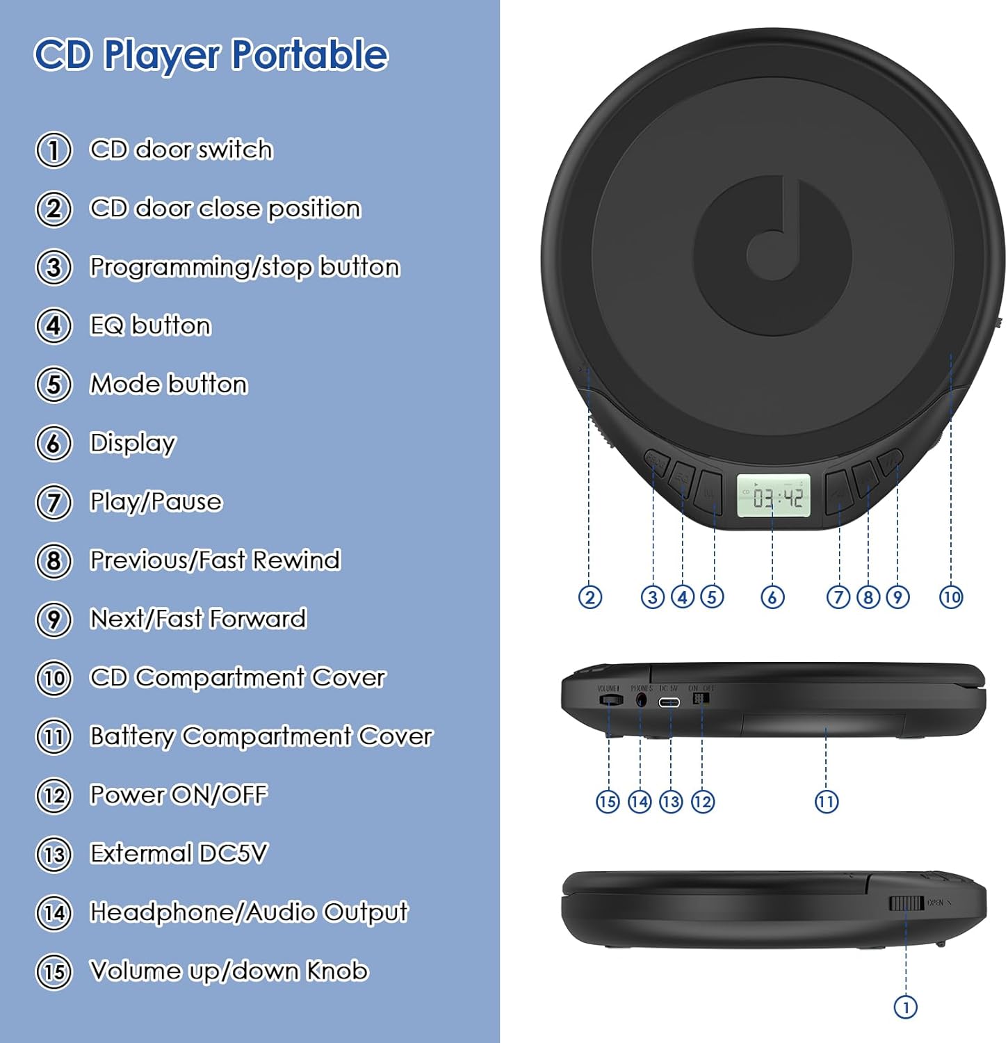Gueray Lettore CD Portatile Hifi con Cuffie - immagine 8