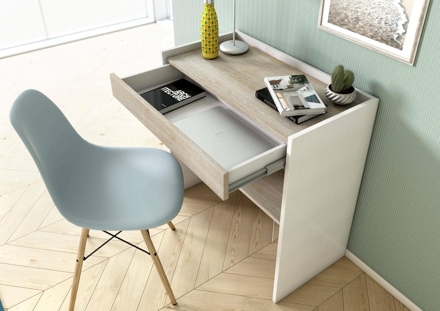 Dmora Scrivania Clematide Moderna con Cassetto, Bianco e Rovere - immagine 5