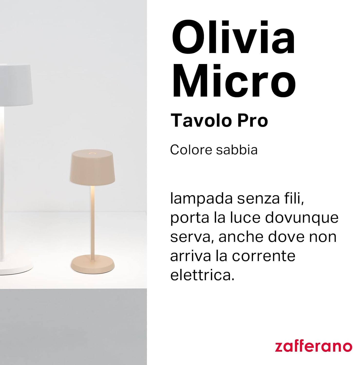 Zafferano Olivia Micro - Lampada da Tavolo Ricaricabile, Sabbia - immagine 2