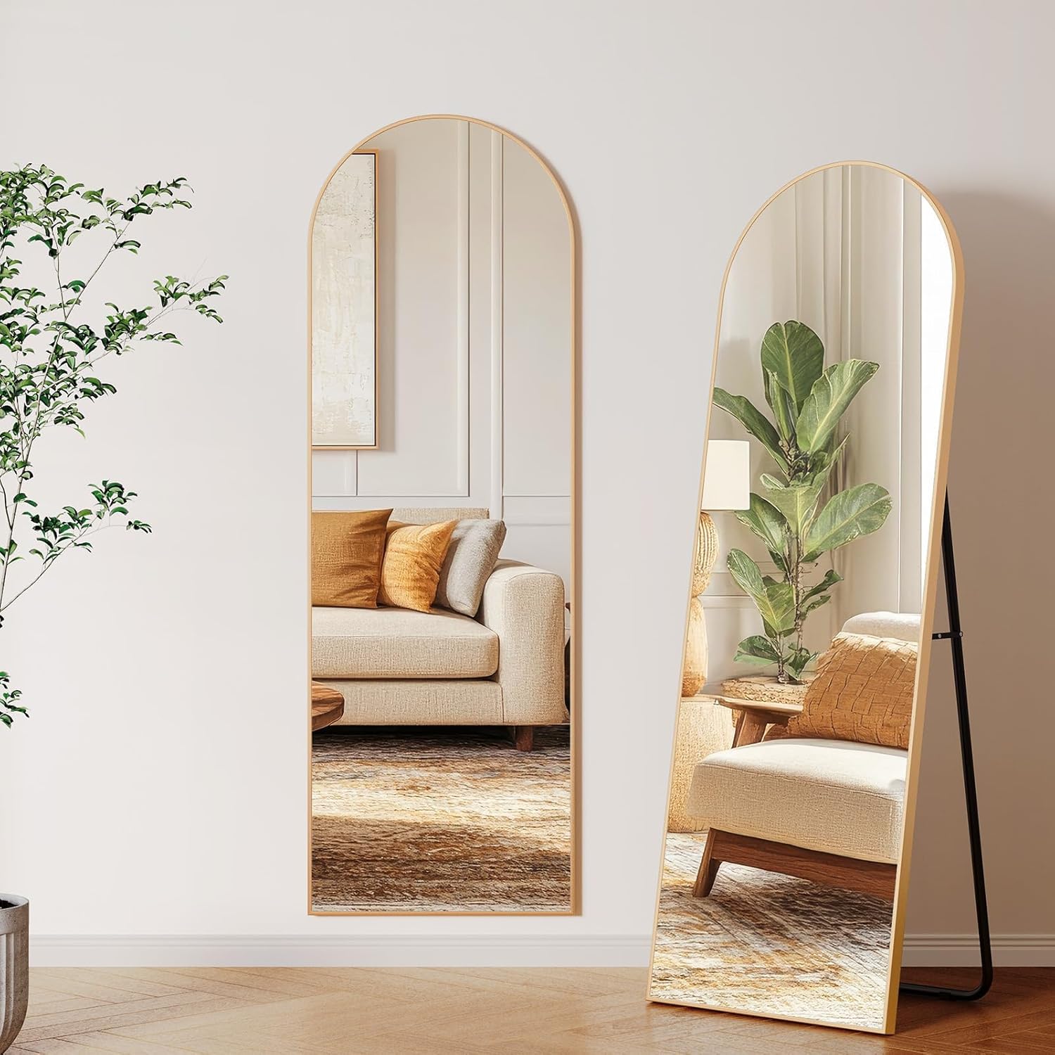 Specchio da Terra Curvo 150x50cm con Cornice Alluminio, Oro - immagine 3