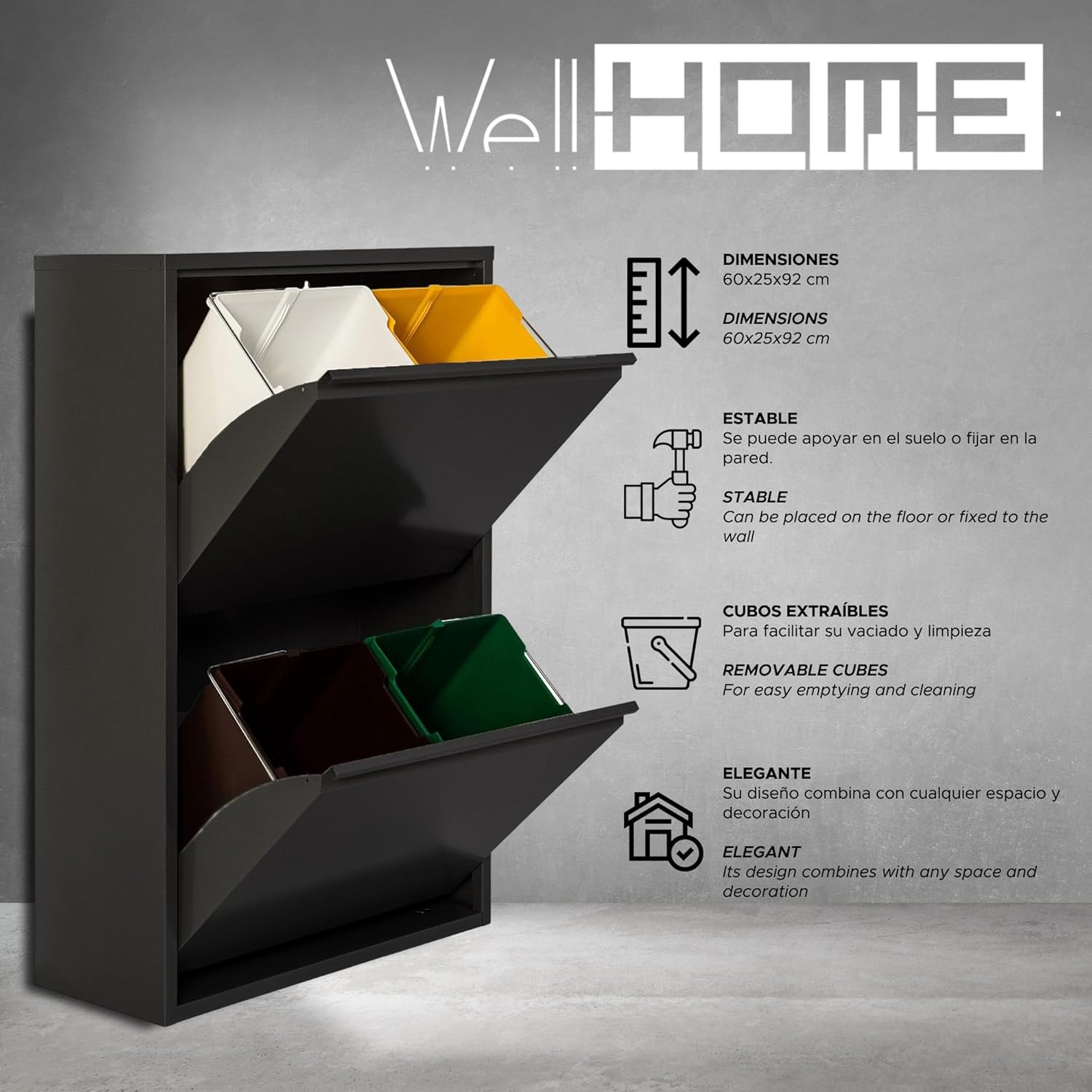 WELL HOME Pattumiera Raccolta Differenziata 4 Scomparti, Nero - immagine 3