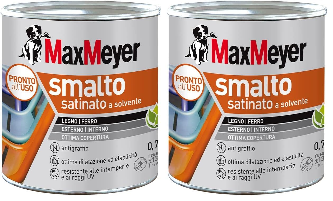 MAXMEYER Smalto a solvente per ferro e legno satinato BIANCO R9010 0,750 L (Confezione da 2)