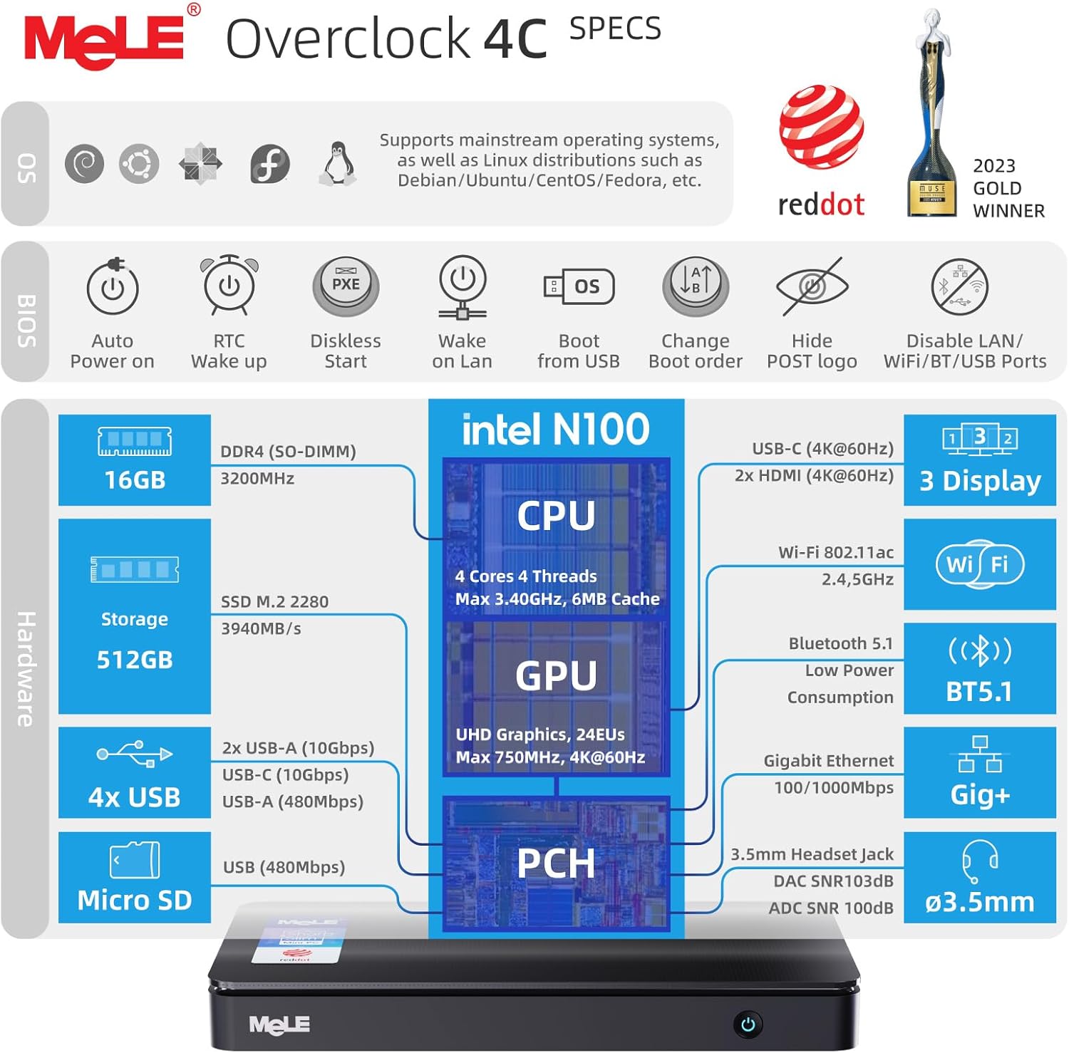 Mele Mini PC Overclock4C N100 16GB RAM 512GB - immagine 3