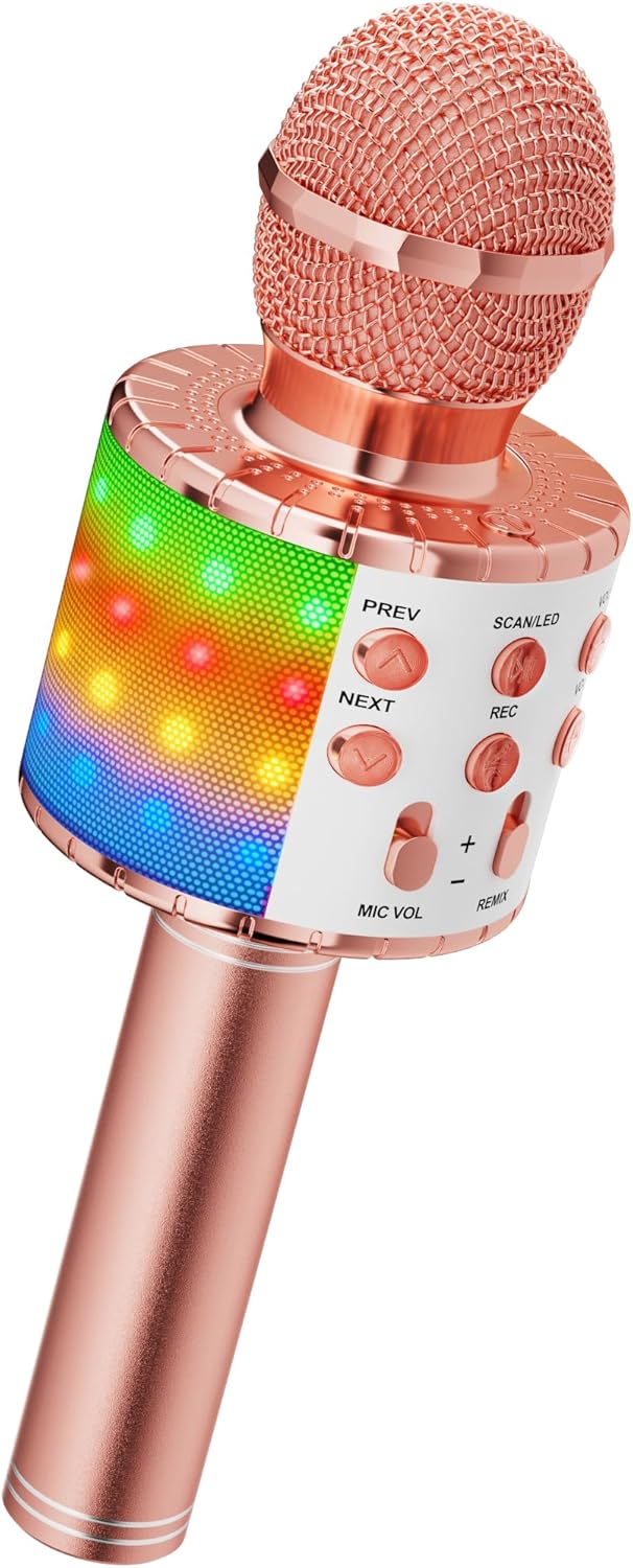 Ankuka Microfono Karaoke Bluetooth Wireless Microfono Bambini Regalo per Bambini 3-12 Anni Microfono Giocattolo Cambia Voce, Compatibile con Android, iOS, PC Oro Rosa - immagine 1