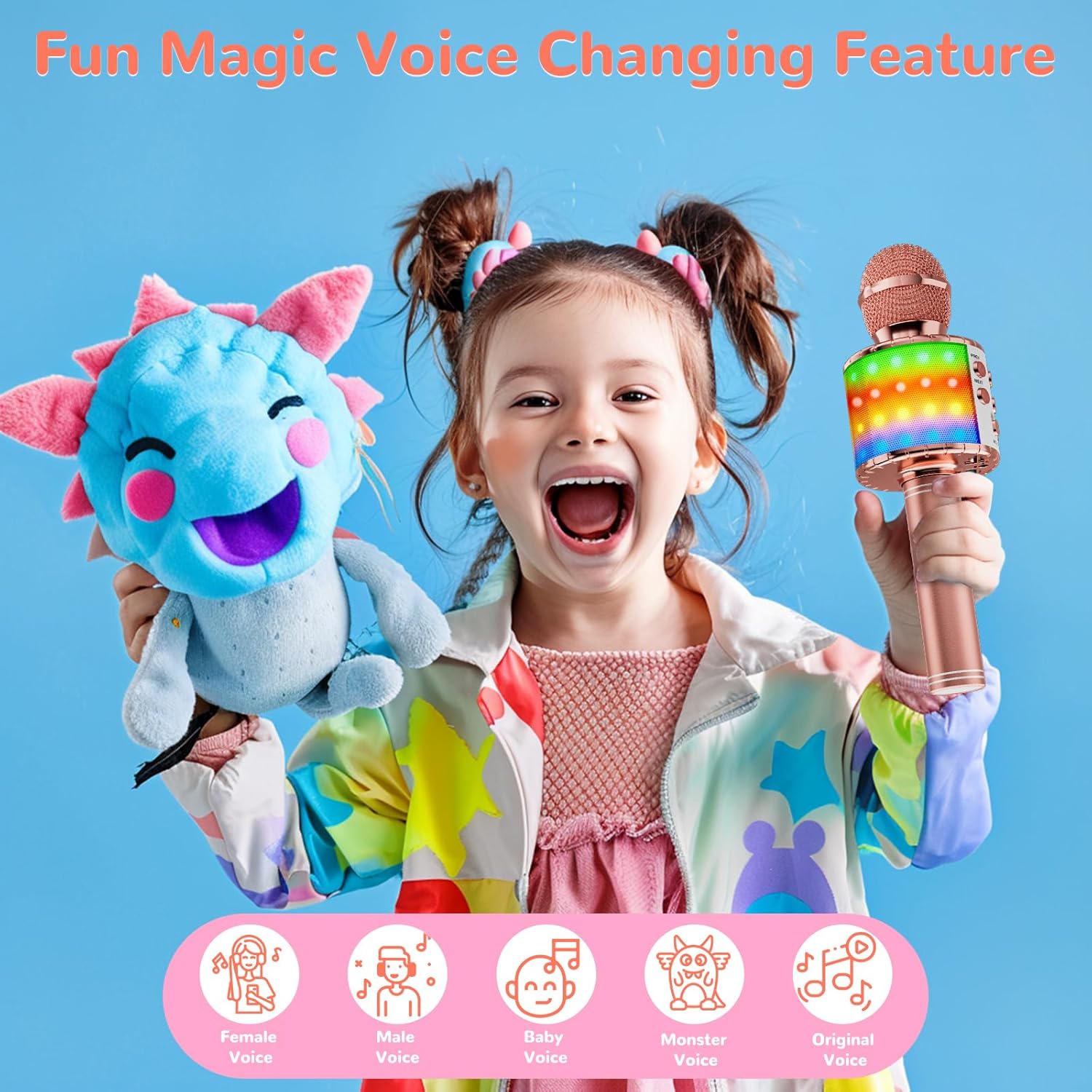 Ankuka Microfono Karaoke Bluetooth Wireless Microfono Bambini Regalo per Bambini 3-12 Anni Microfono Giocattolo Cambia Voce, Compatibile con Android, iOS, PC Oro Rosa - immagine 2