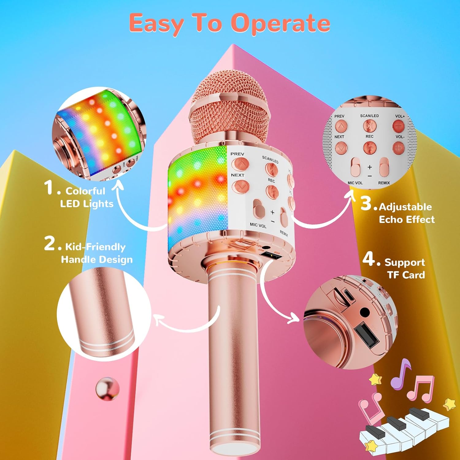 Ankuka Microfono Karaoke Bluetooth Wireless Microfono Bambini Regalo per Bambini 3-12 Anni Microfono Giocattolo Cambia Voce, Compatibile con Android, iOS, PC Oro Rosa - immagine 3