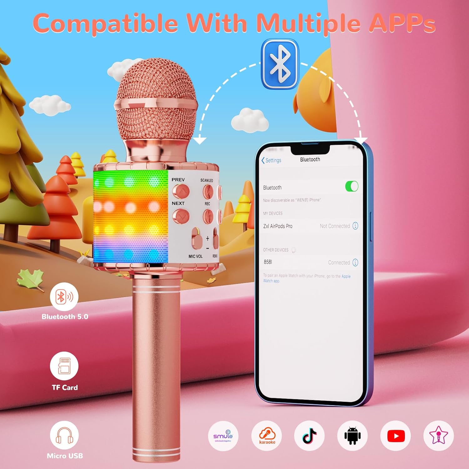 Ankuka Microfono Karaoke Bluetooth Wireless Microfono Bambini Regalo per Bambini 3-12 Anni Microfono Giocattolo Cambia Voce, Compatibile con Android, iOS, PC Oro Rosa - immagine 6