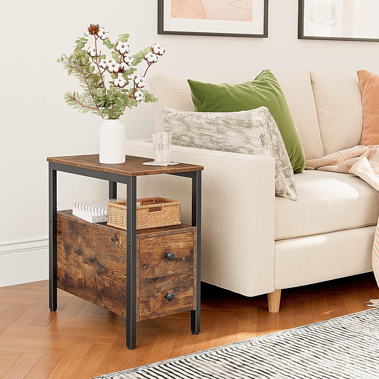 Hoobro Comodino Stretto con 2 Cassetti e 1 Ripiano, Marrone Vintage - immagine 4