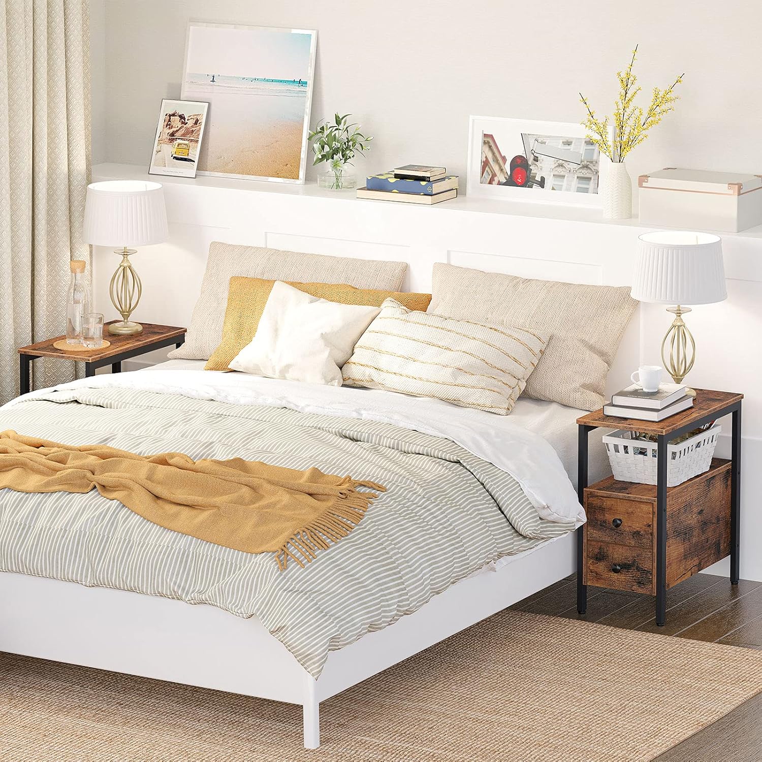 Hoobro Comodino Stretto con 2 Cassetti e 1 Ripiano, Marrone Vintage - immagine 5