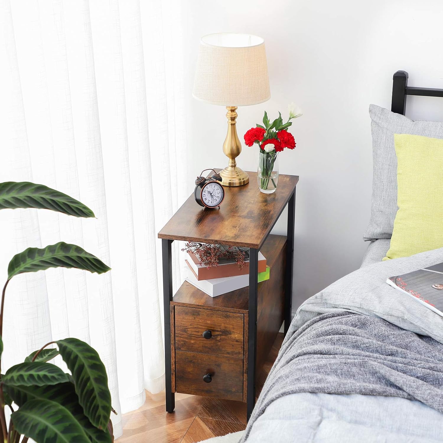 Hoobro Comodino Stretto con 2 Cassetti e 1 Ripiano, Marrone Vintage - immagine 7