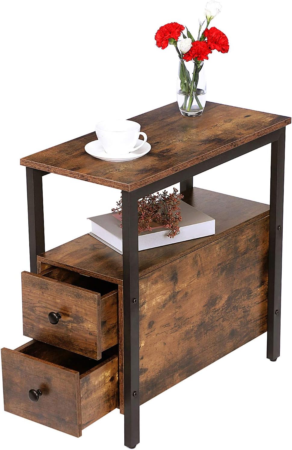 Hoobro Comodino Stretto con 2 Cassetti e 1 Ripiano, Marrone Vintage - immagine 8