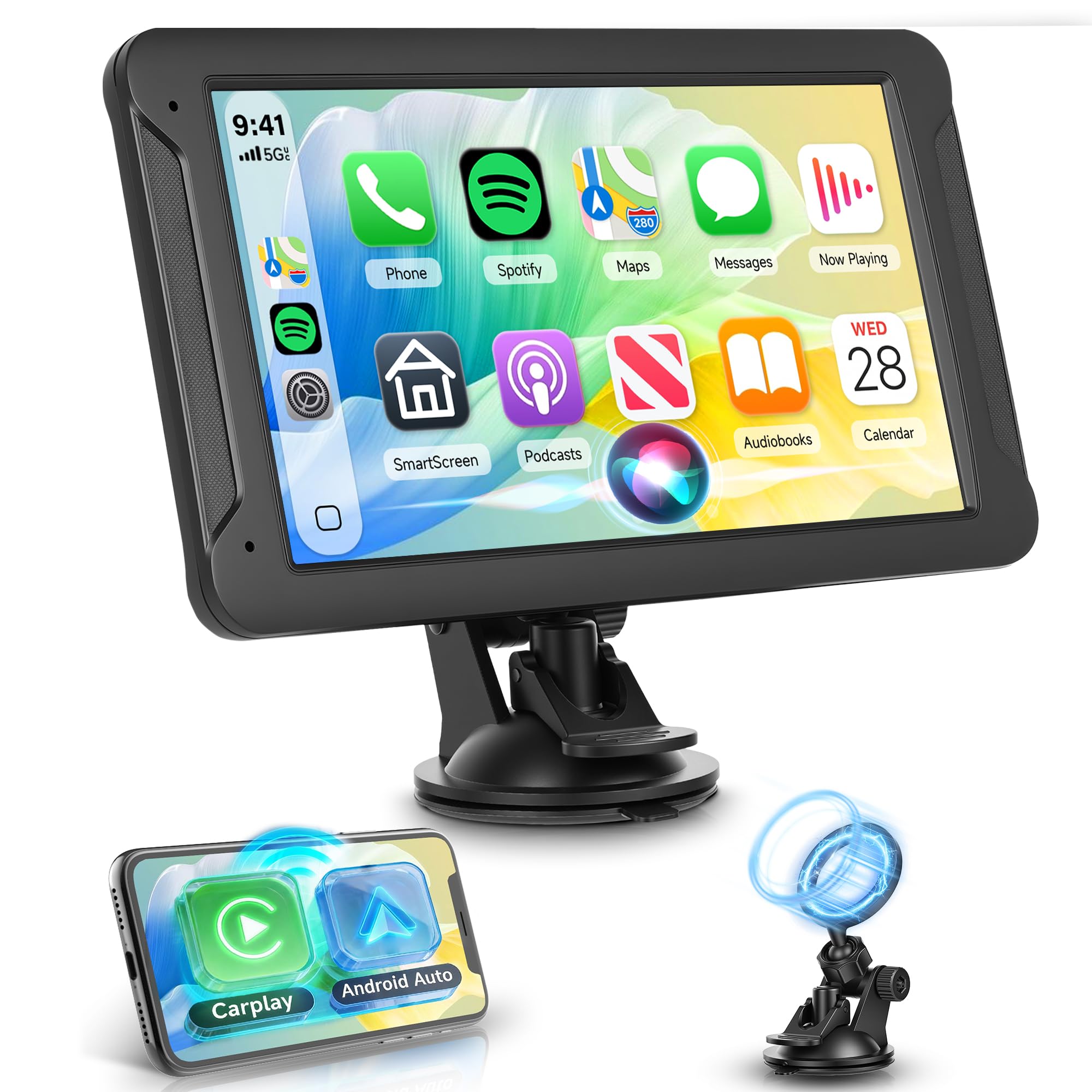 Rimoody Autoradio Portatile 7 Pollici con CarPlay e Android Auto Wireless - Display Touchscreen IPS HD, AirPlay/Android Cast, Trasmettitore FM, Bluetooth per Auto