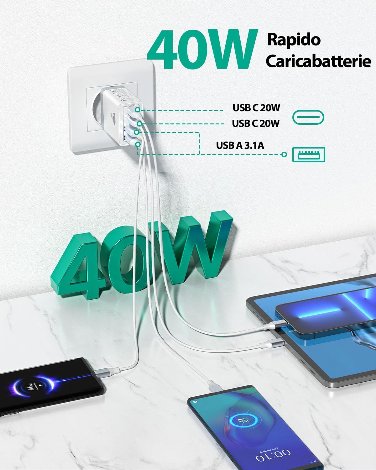 Caricatore USB C Rapido 40W 4 Porte PD & QC3.0 - immagine 3