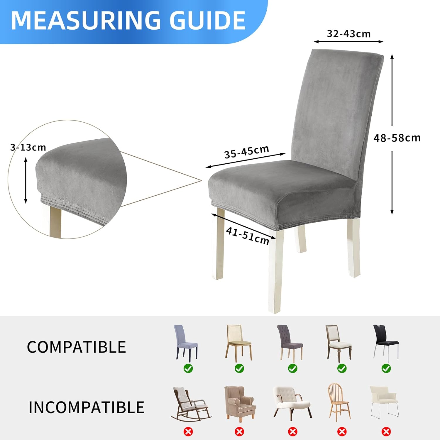 Coprisedie con Schienale in Velluto - Set da 6 Pezzi, Grigio Chiaro - immagine 3